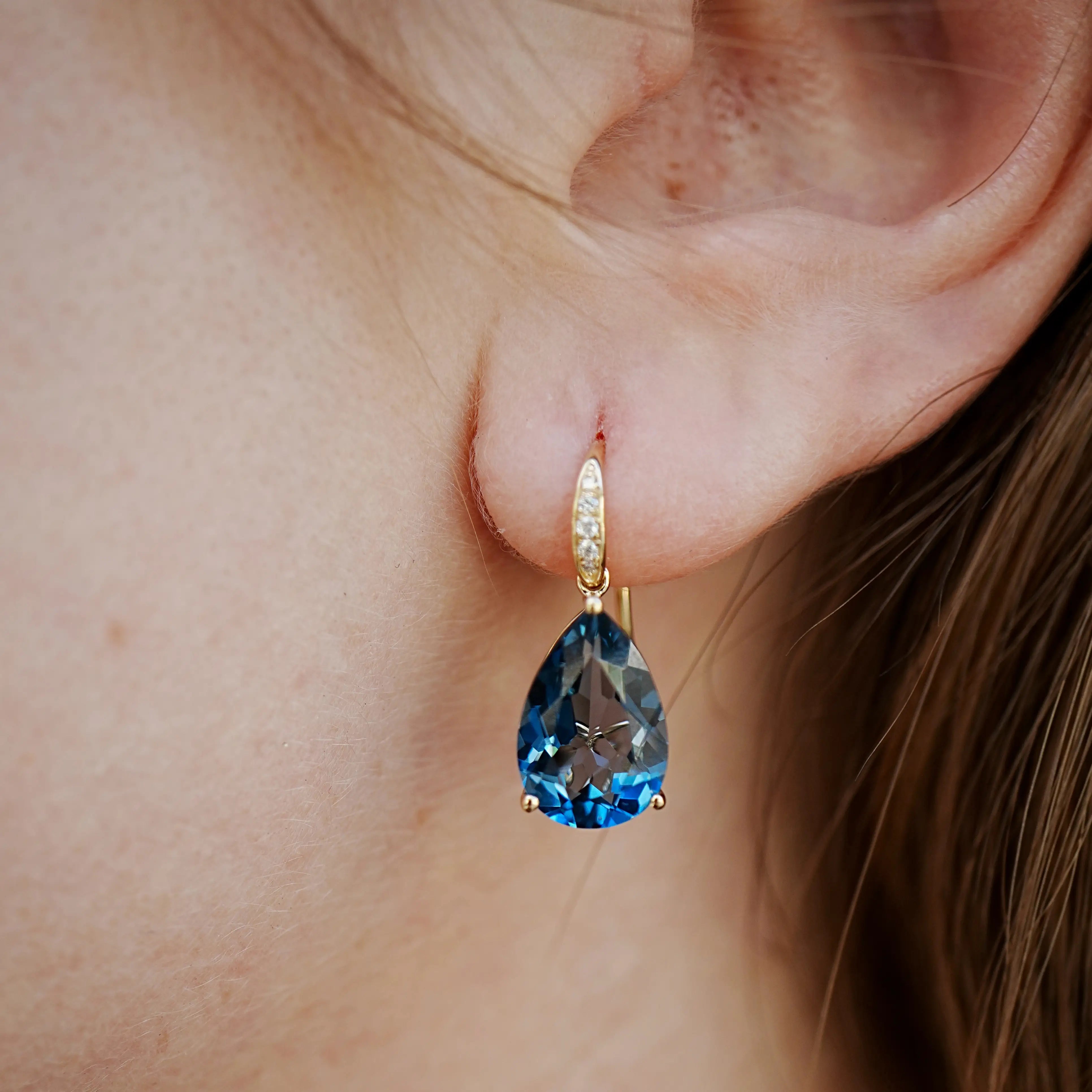 14k Gold Radiant Pear Natural London Blue Topaz Diamond Drop Earrings