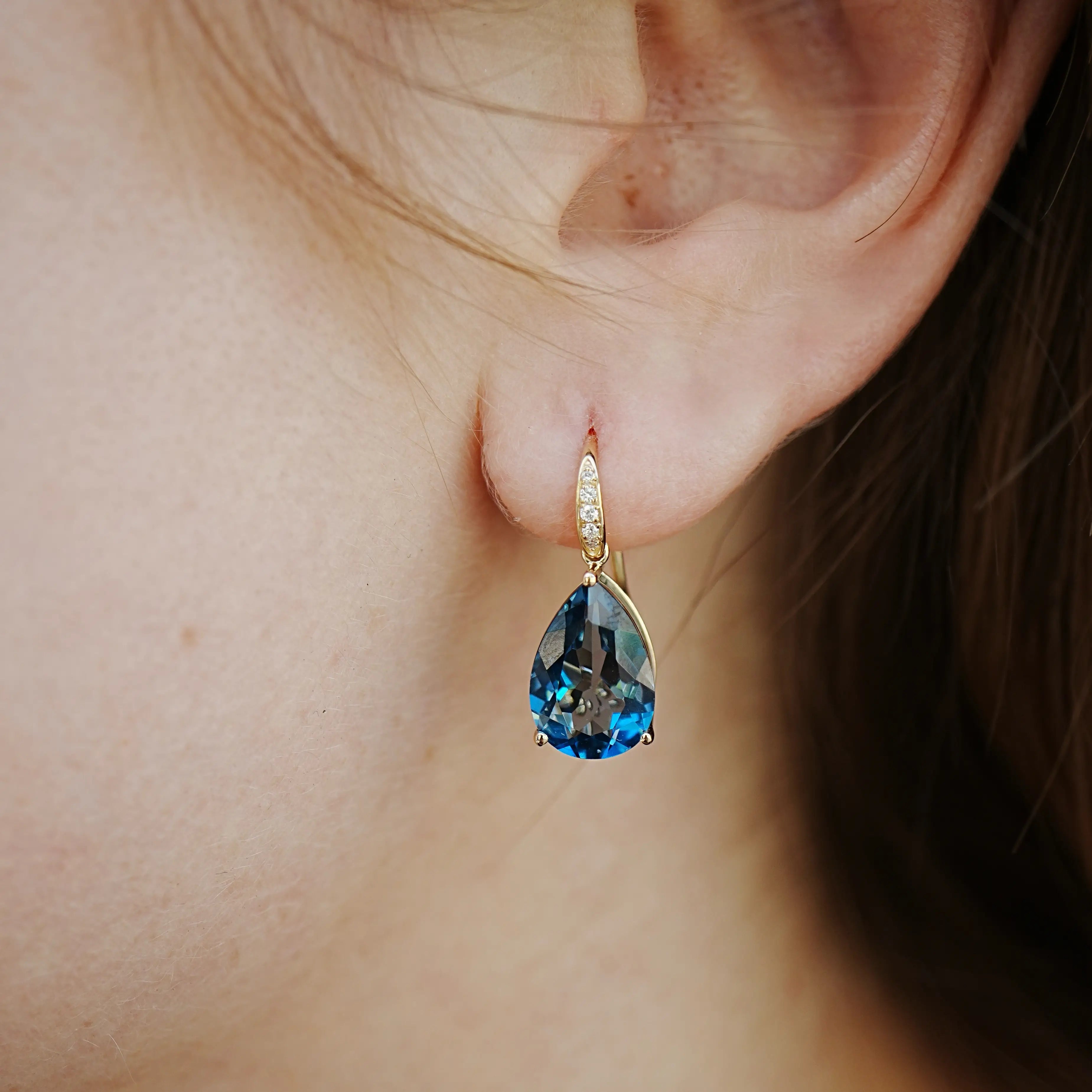 14k Gold Radiant Pear Natural London Blue Topaz Diamond Drop Earrings