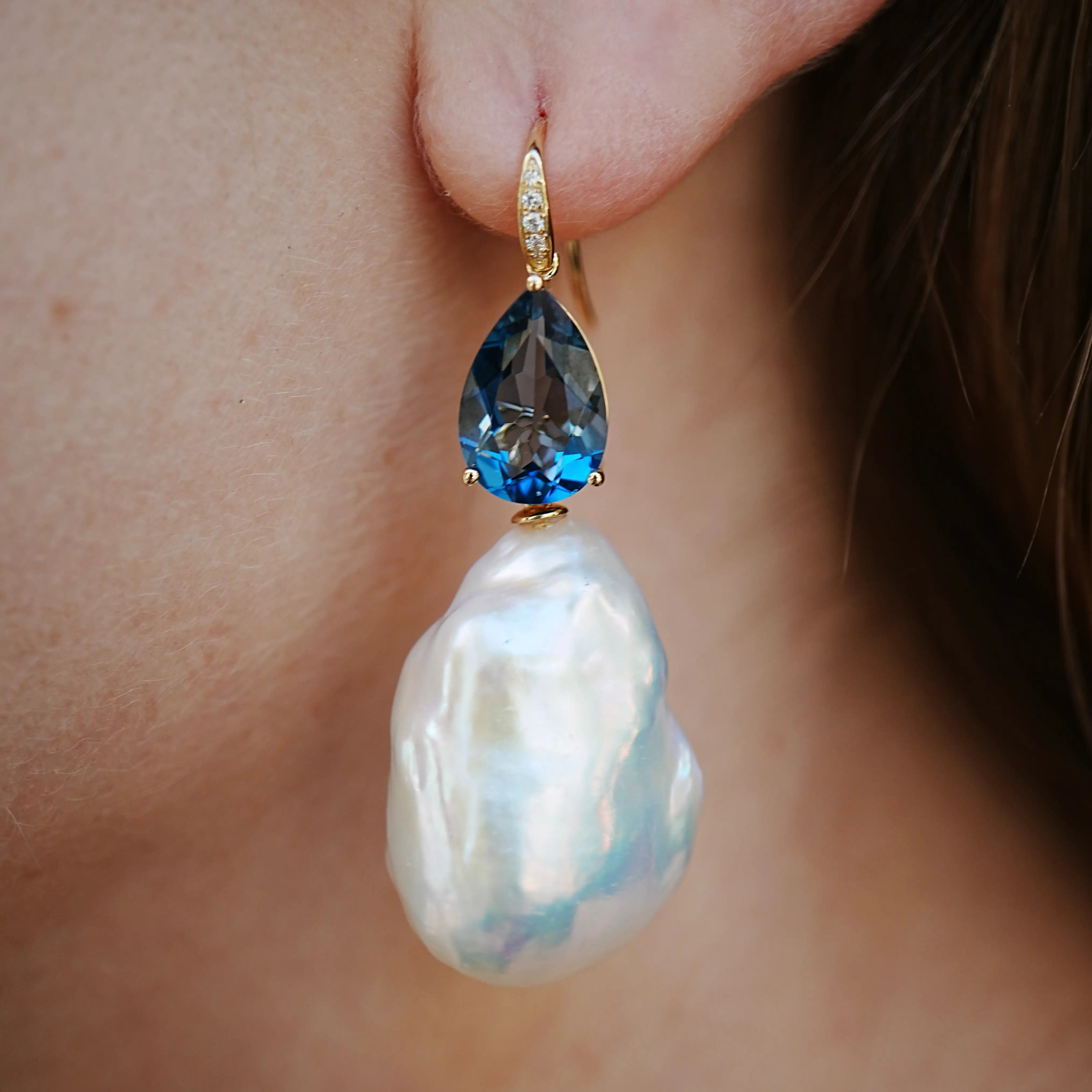 14k Gold Radiant Pear Natural London Blue Topaz Diamond Baroque Pearls Drop Earrings