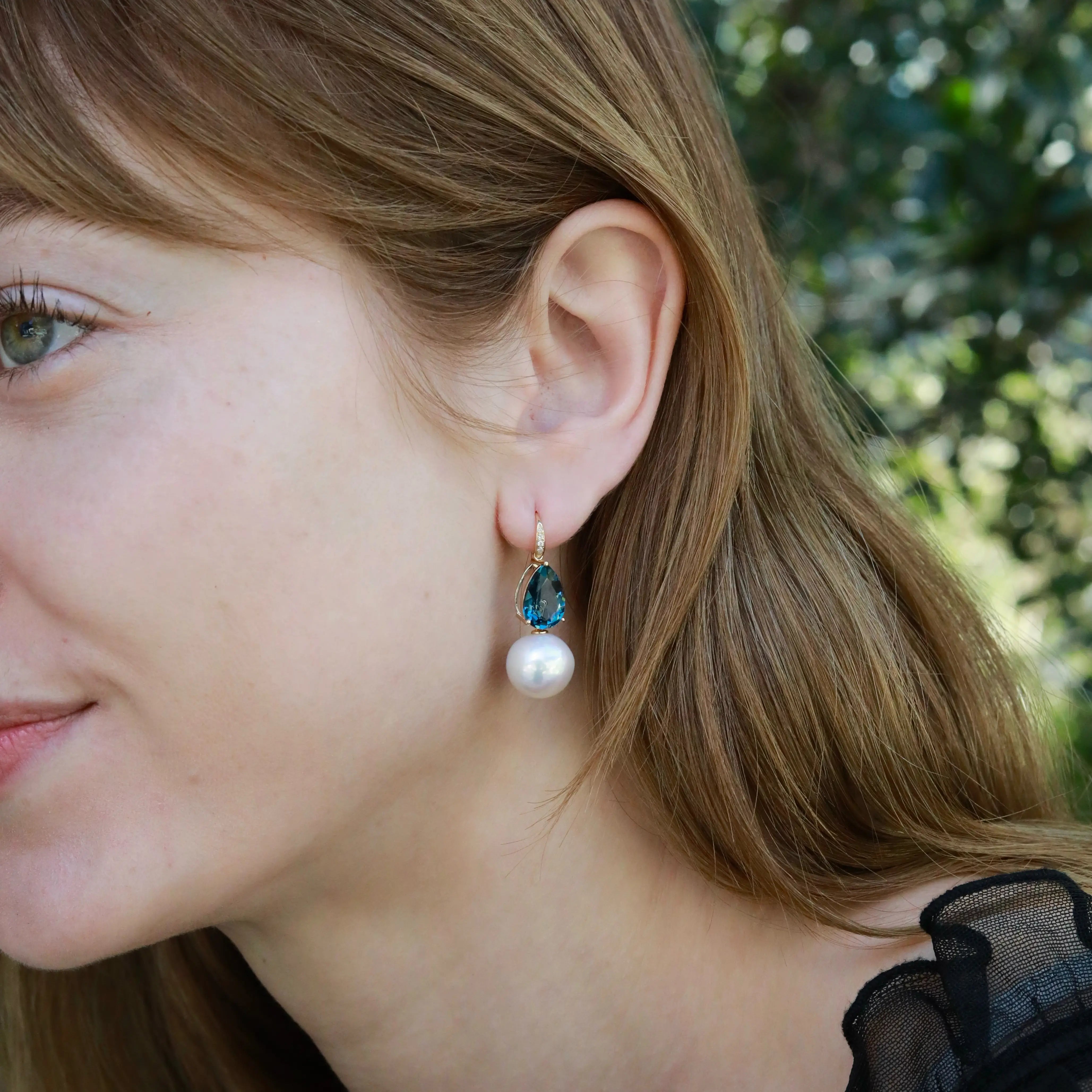 14k Gold Radiant Pear Natural London Blue Topaz Diamond Freshwater Pear;s Drop Earrings