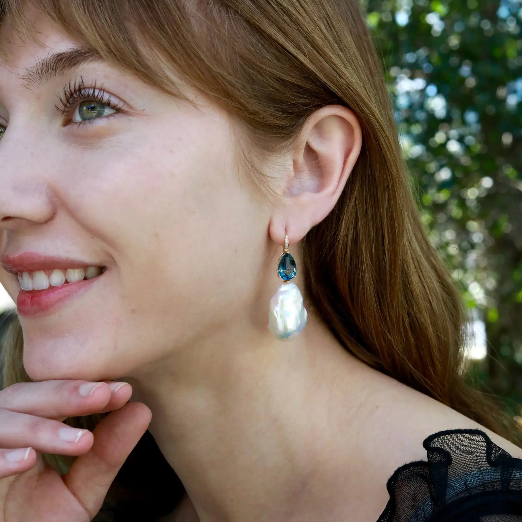 14k Gold Radiant Pear Natural London Blue Topaz Diamond Baroque Pearls Drop Earrings