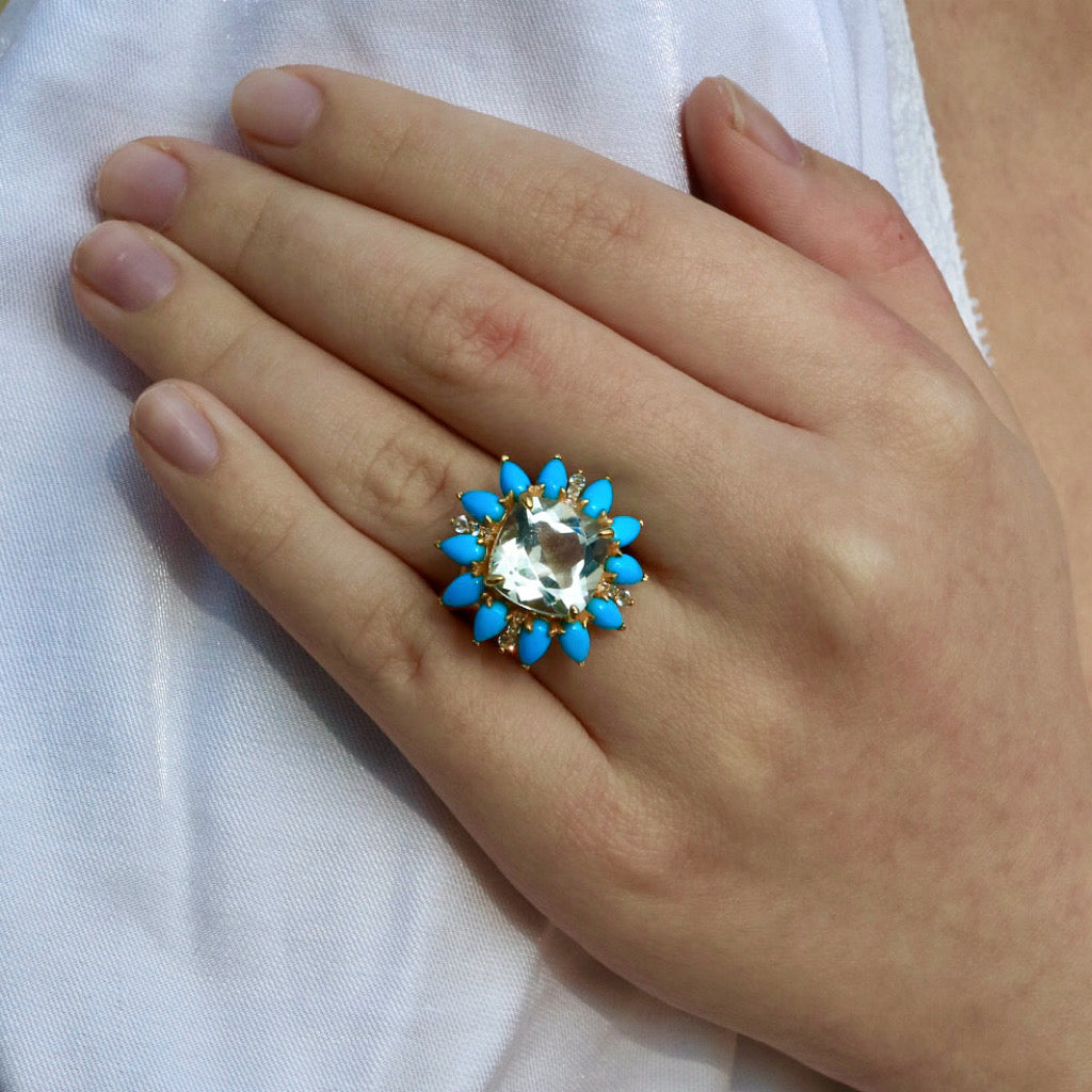 Prasiolite Turquoise Aquamarine Cocktail Ring