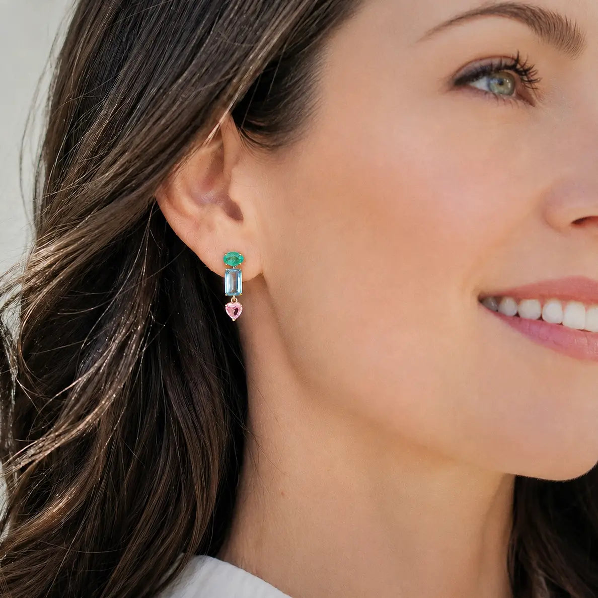14k yellow gold Garden Melody 3.61 ctw natural Emerald, Aquamarine & Pink Sapphire Drop Earrings (One-of-a-Kind)