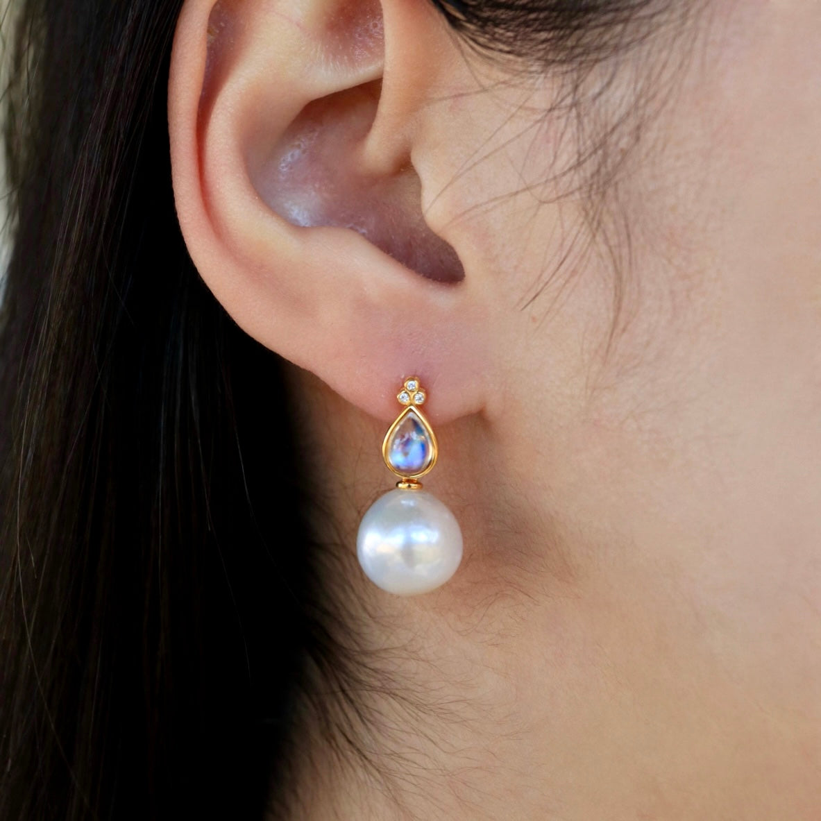 Ayla Pear-Shaped Moonstone Diamond Pearl Convertible Drop Earrings