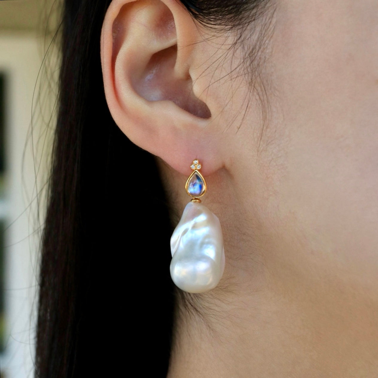 Ayla Pear-Shaped Moonstone Diamond Baroque Pearl Convertible Drop Earrings