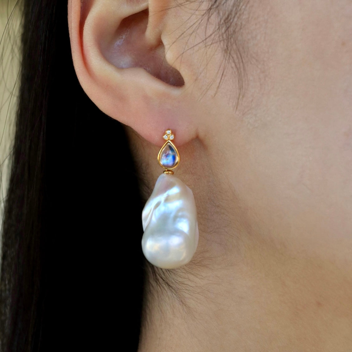 Ayla Pear-Shaped Moonstone Diamond Baroque Pearl Convertible Drop Earrings