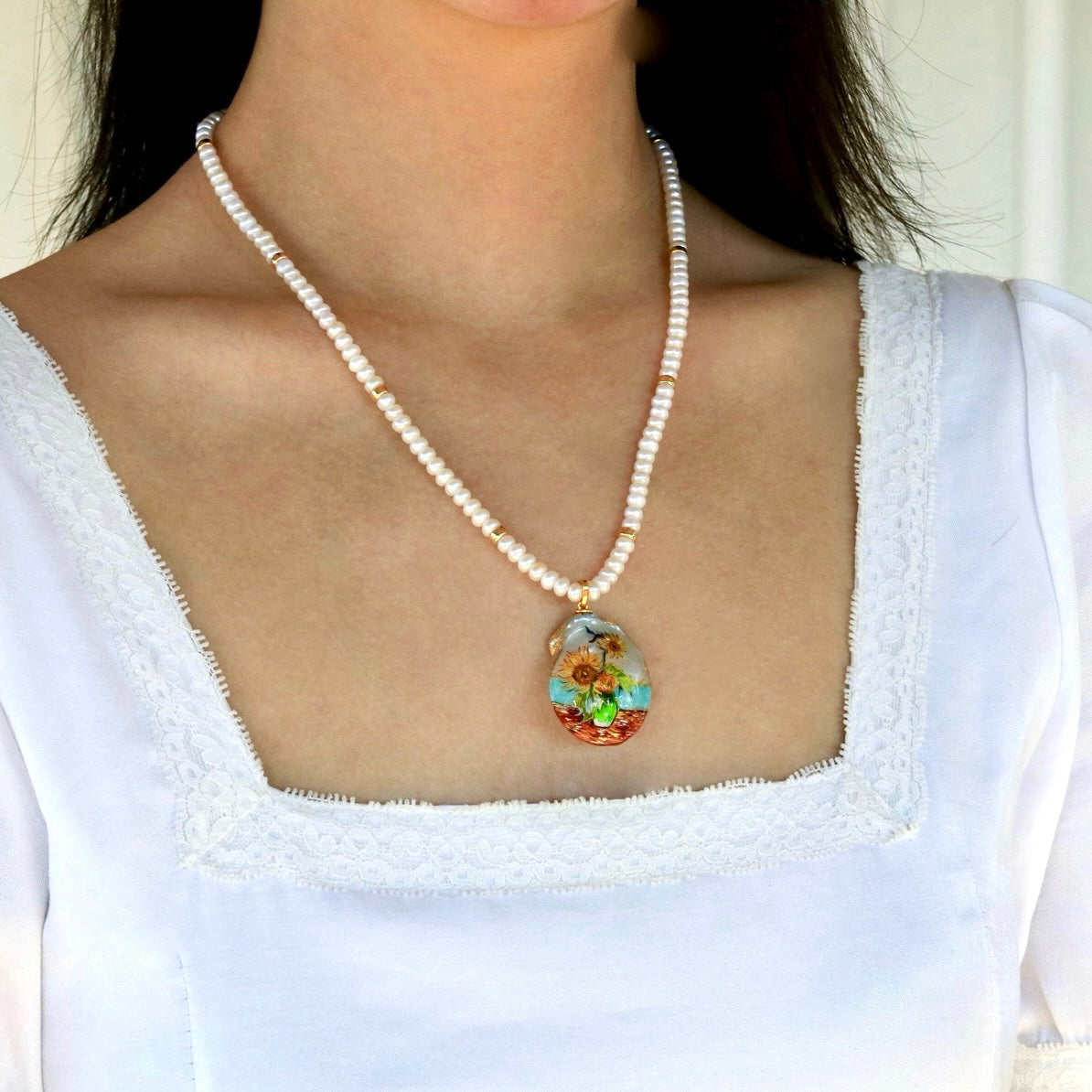 Pearl and Gold Bead Strand Necklace with Convertible Sunflower Hand-Painted Baroque Pearl