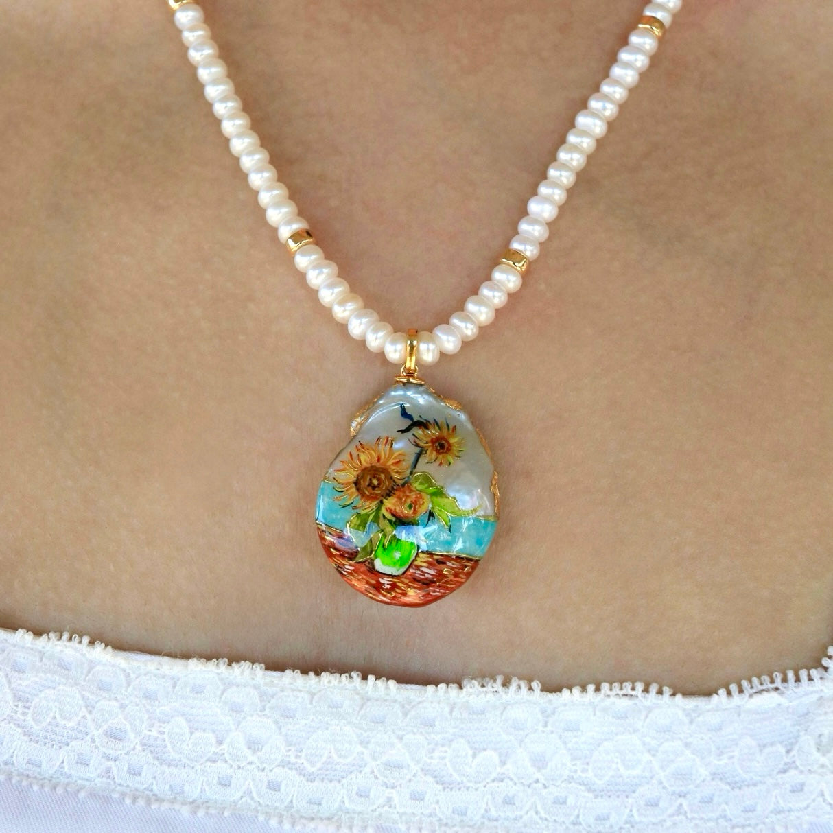 Pearl and Gold Bead Strand Necklace with Convertible Sunflower Hand-Painted Baroque Pearl