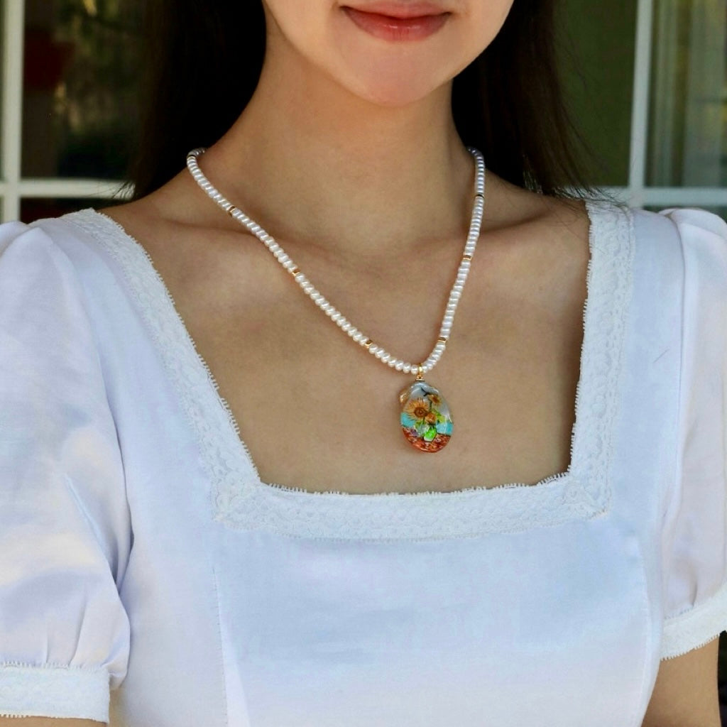 Pearl and Gold Bead Strand Necklace with Convertible Sunflower Hand-Painted Baroque Pearl
