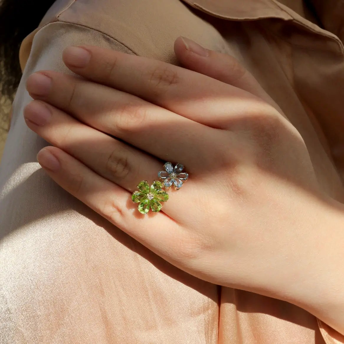 Flora Blossom Periot and Aquamarine Diamond Cocktail Ring