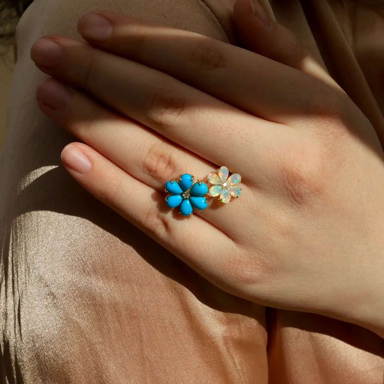 Flora Blossom Turquoise and Opal Diamond Cocktail Ring