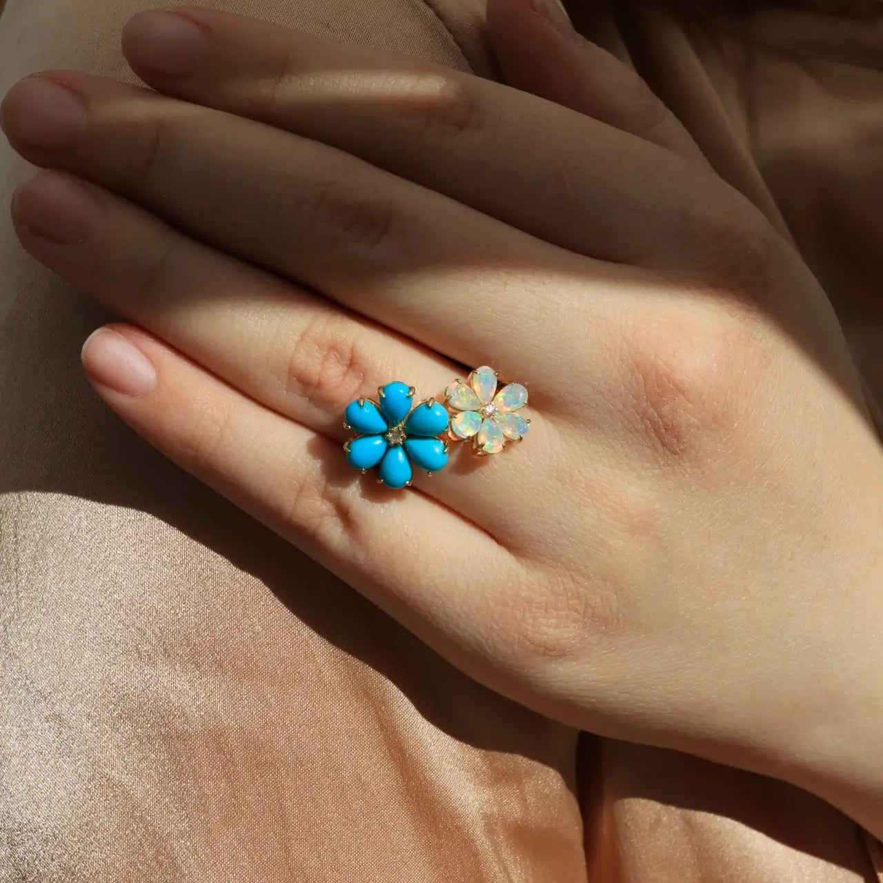 Flora Blossom Turquoise and Opal Diamond Cocktail Ring