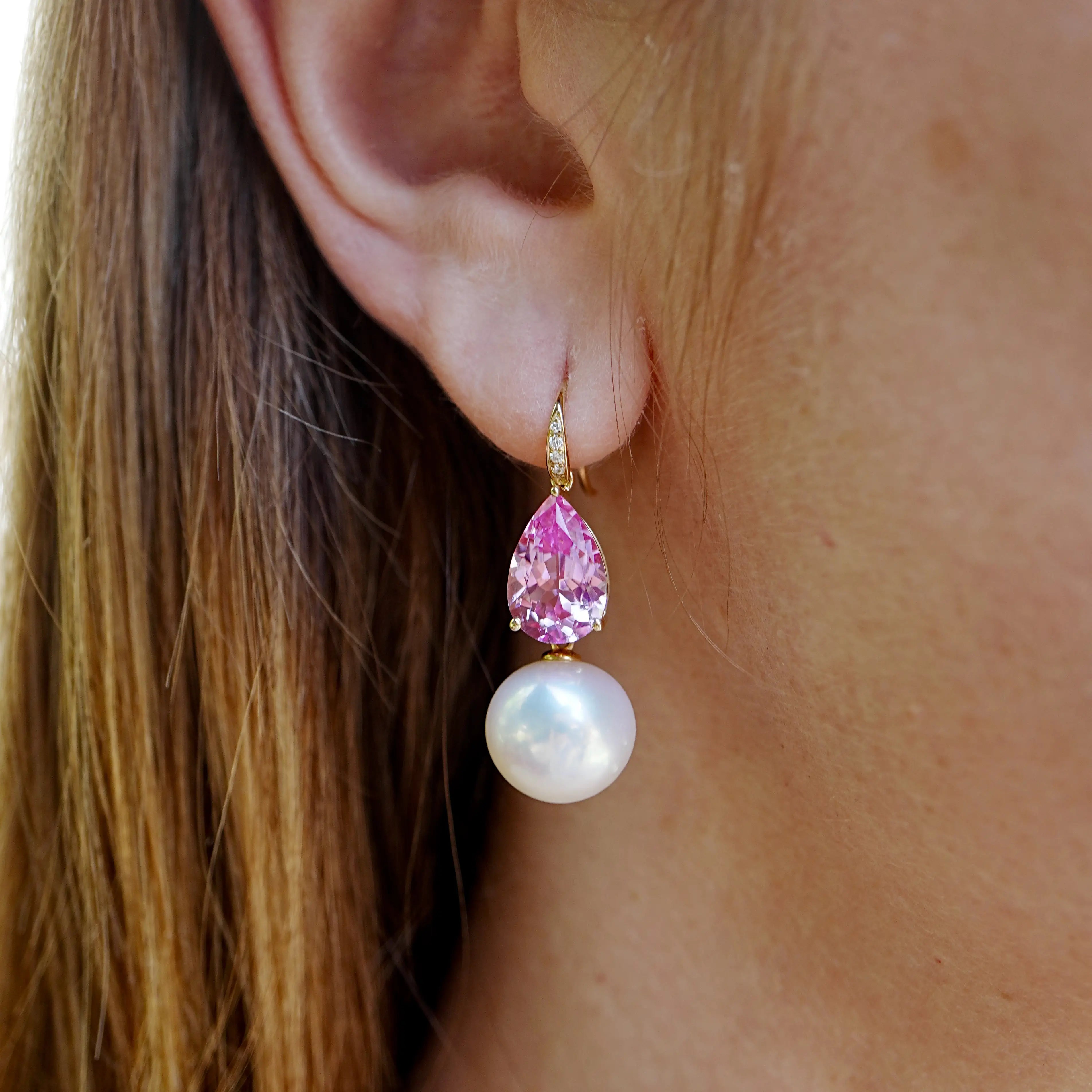 Radiant Pear 8.05ctw Lab-Grown Pink Sapphire & Diamond with Freshwater Pearls Drop Earrings 14k solid gold