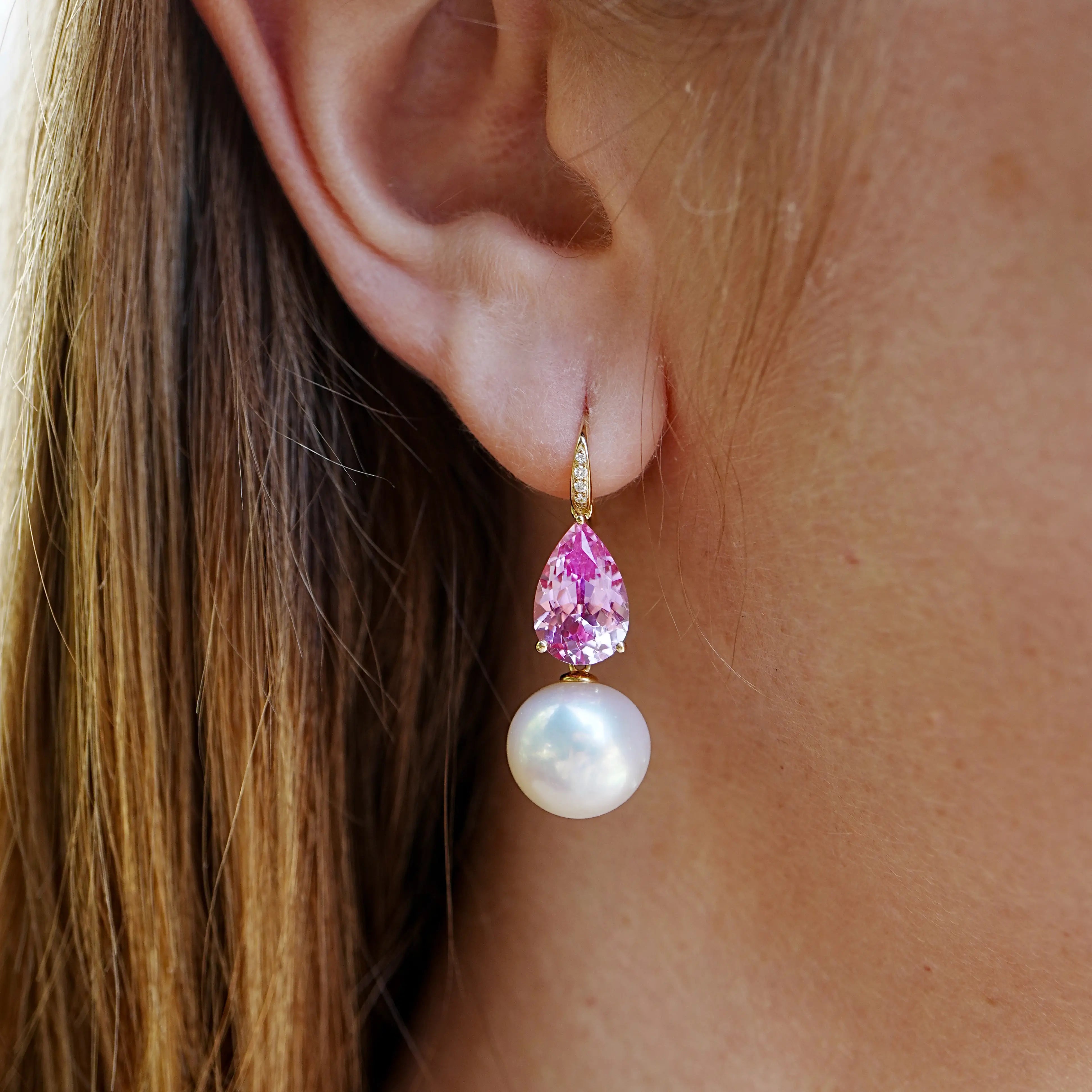 Radiant Pear 8.05ctw Lab-Grown Pink Sapphire & Diamond with Freshwater Pearls Drop Earrings 14k solid gold