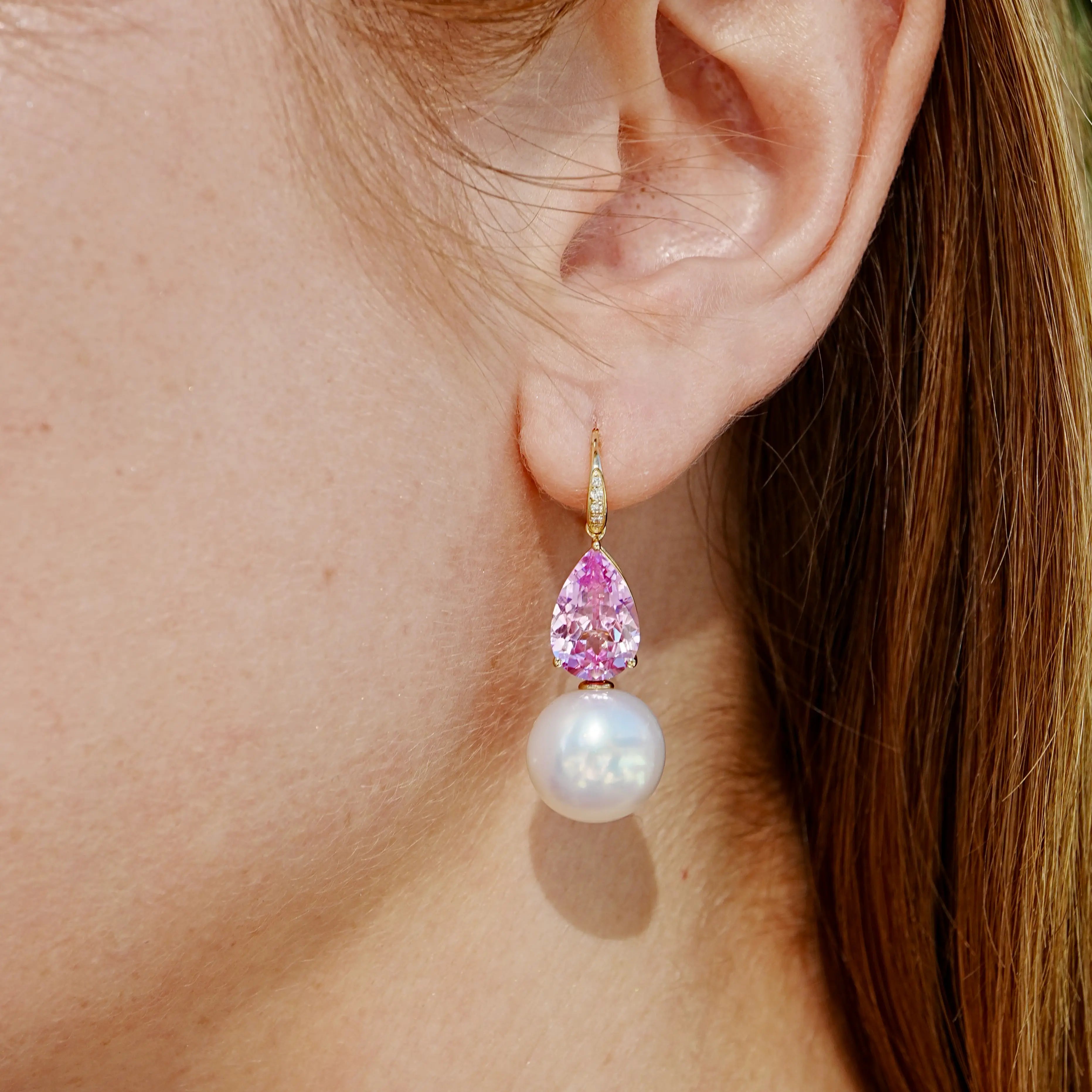 Radiant Pear 8.05ctw Lab-Grown Pink Sapphire & Diamond with Freshwater Pearls Drop Earrings 14k solid gold