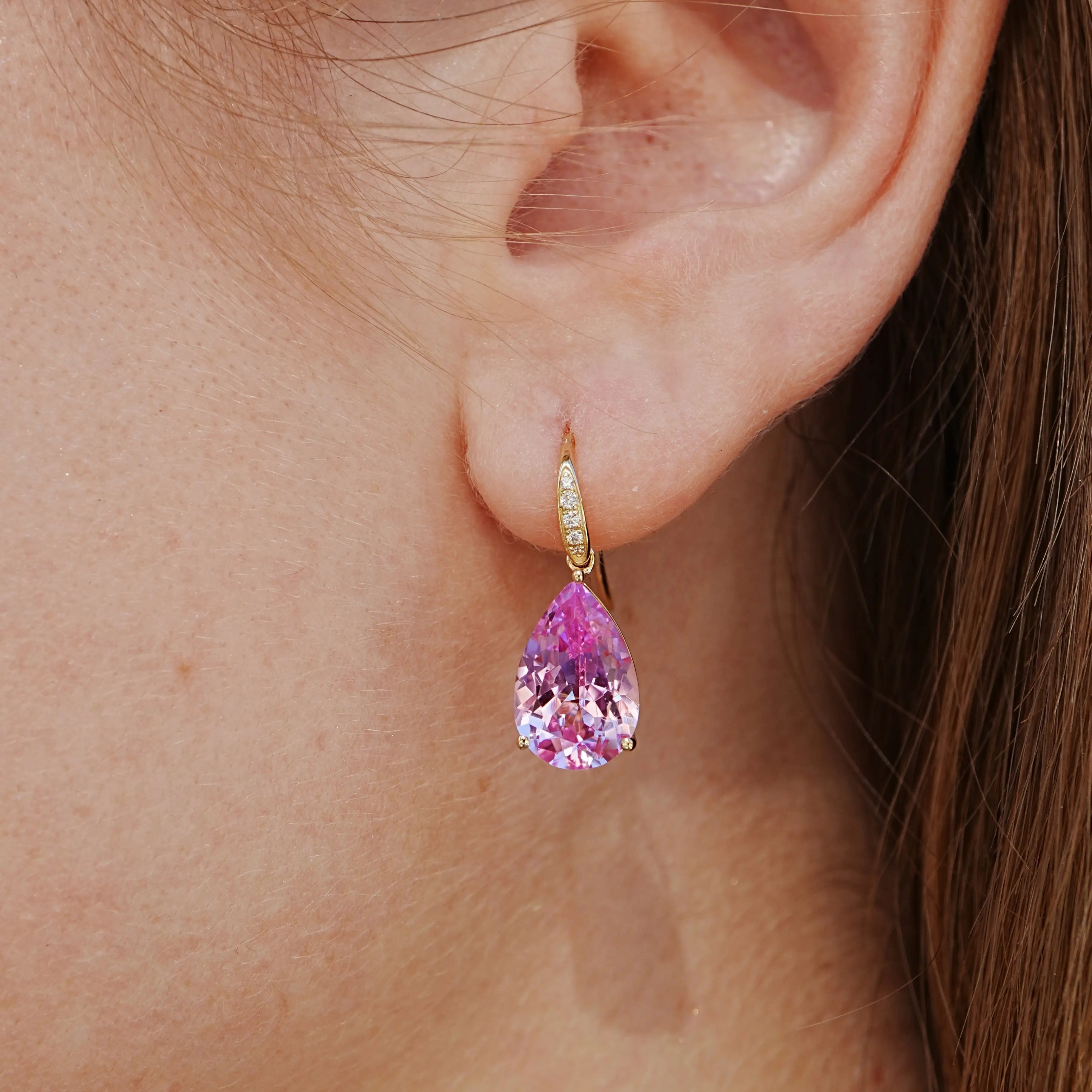 Radiant Pear 8.05ctw Lab-Grown Pink Sapphire & Diamond Drop Earrings 14k solid gold
