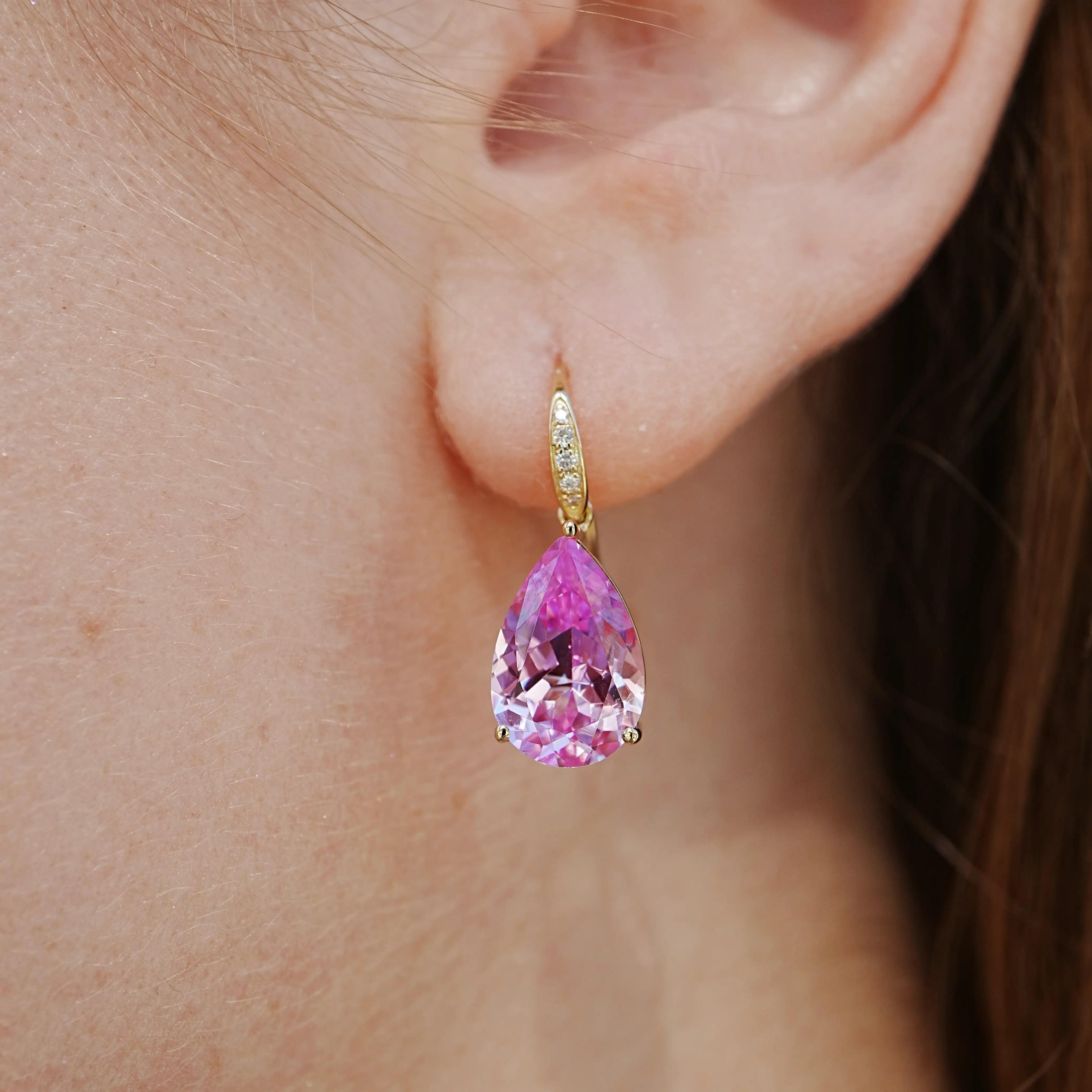 Radiant Pear 8.05ctw Lab-Grown Pink Sapphire & Diamond Drop Earrings 14k solid gold