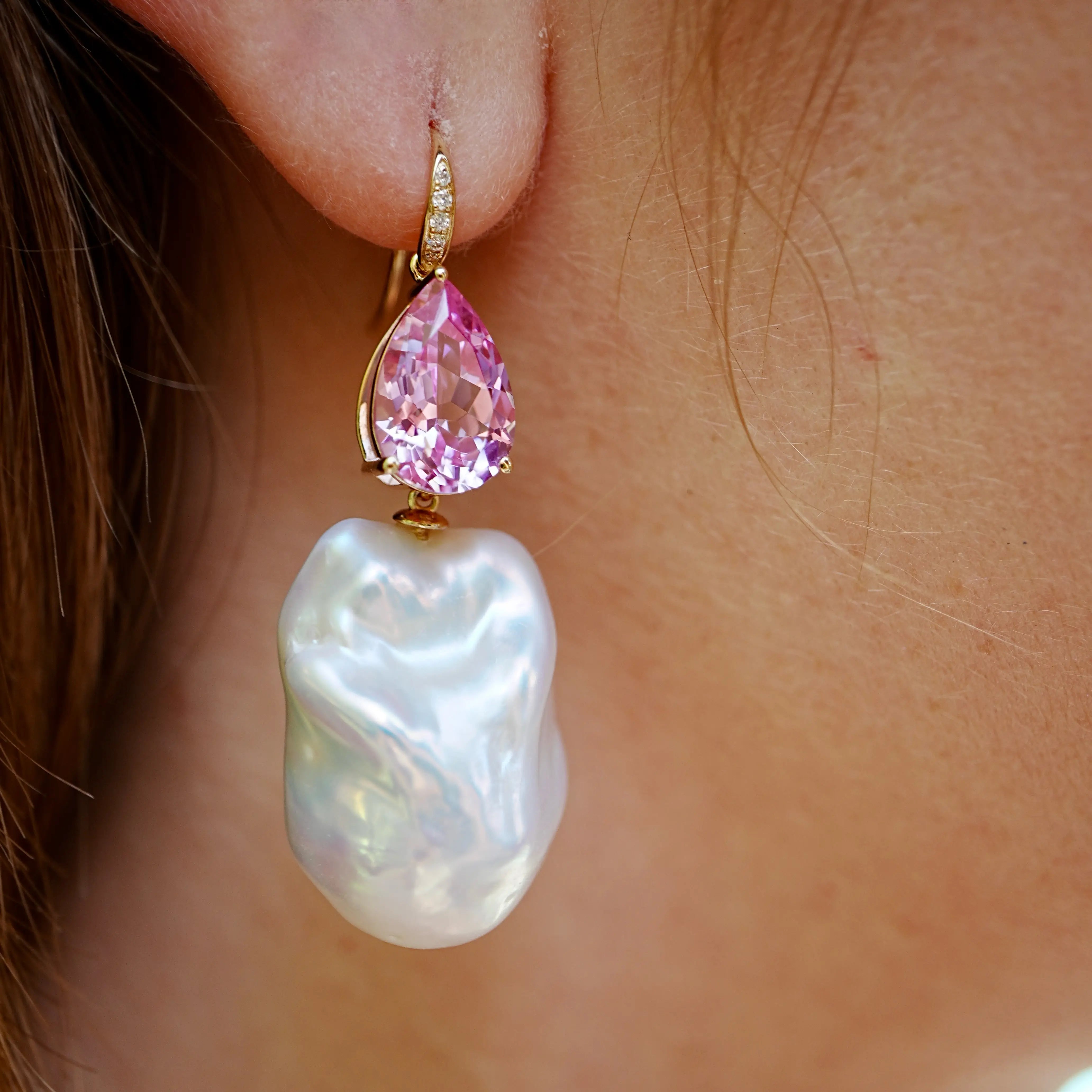 Radiant Pear 8.05ctw Lab-Grown Pink Sapphire & Diamond Baroque Pearls Drop Earrings 14k solid gold