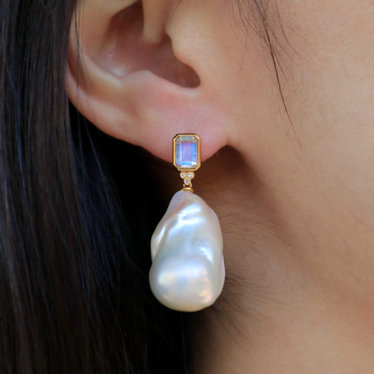 Ayla Emerald-Cut Moonstone Diamond Pearl Earrings
