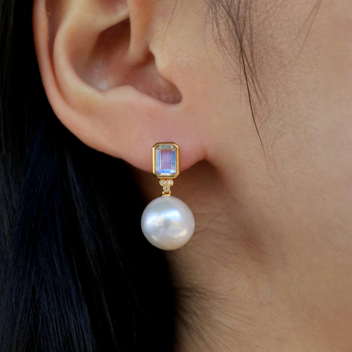 Ayla Emerald-Cut Moonstone Diamond Pearl Convertible Drop Earrings