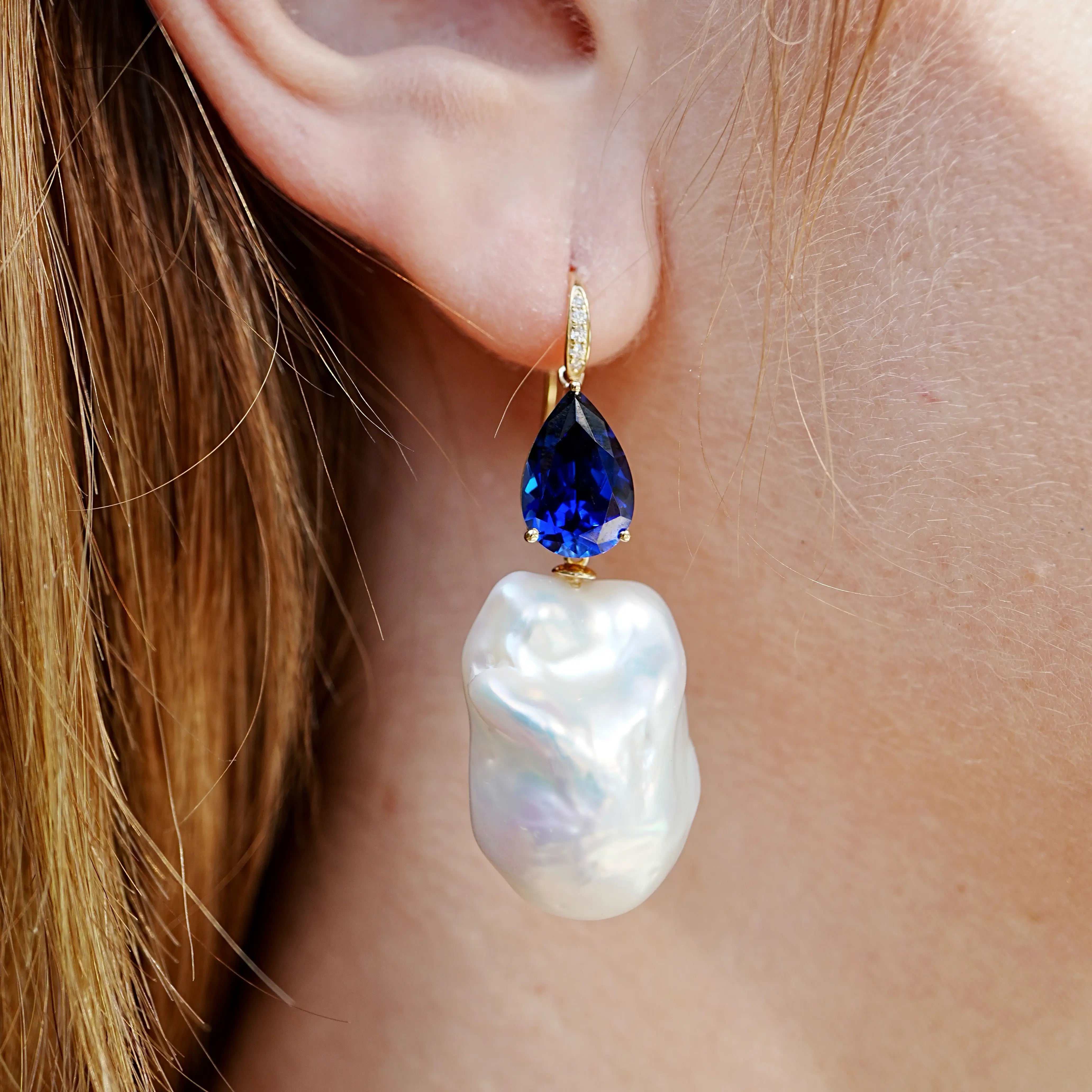 Radiant Pear 8.05ctw Lab-Grown Sapphrie & Diamond baroque pearl convertible Drop Earrings in 14k gold