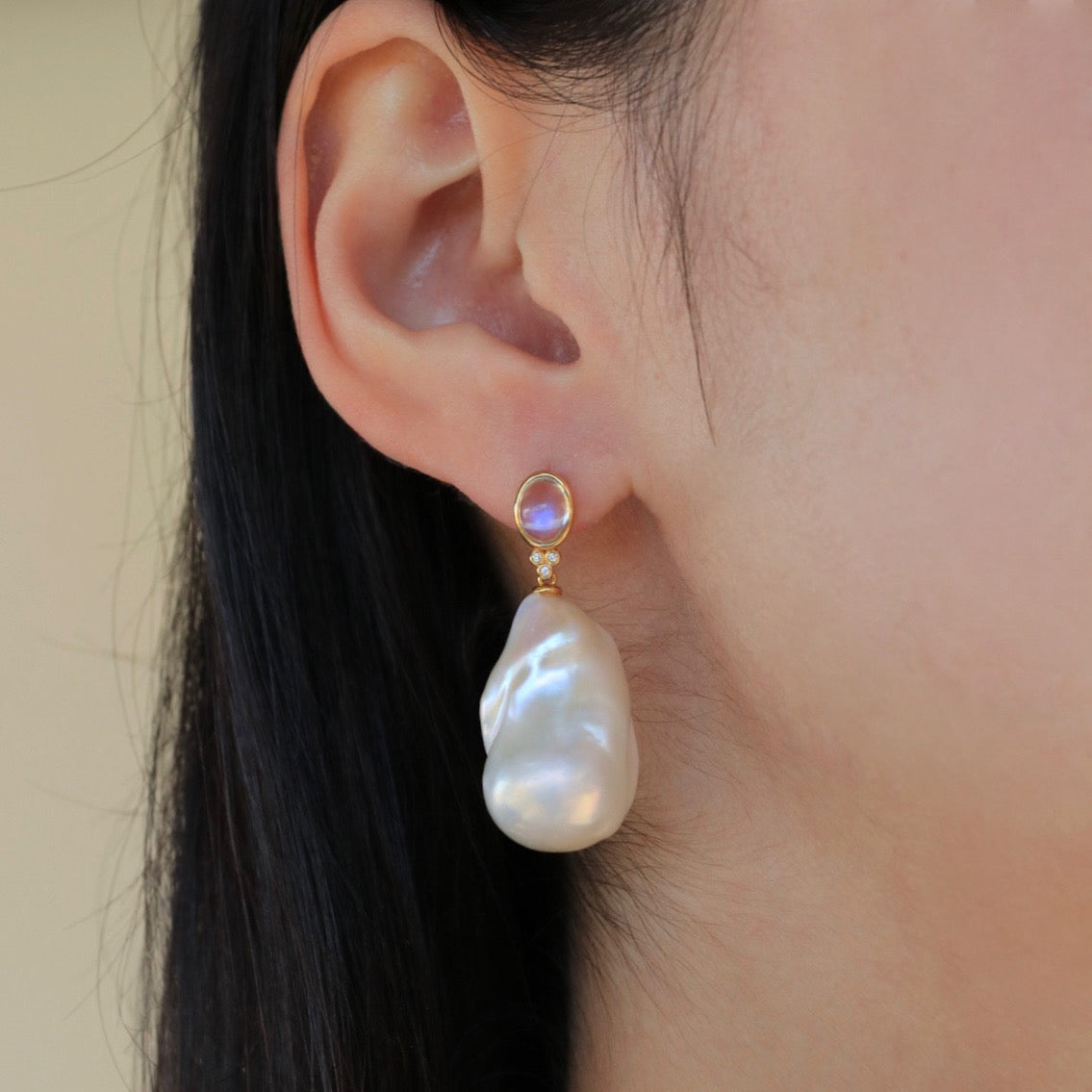 Ayla Oval Moonstone Diamond Baroque Pearl Convertible Drop Earrings