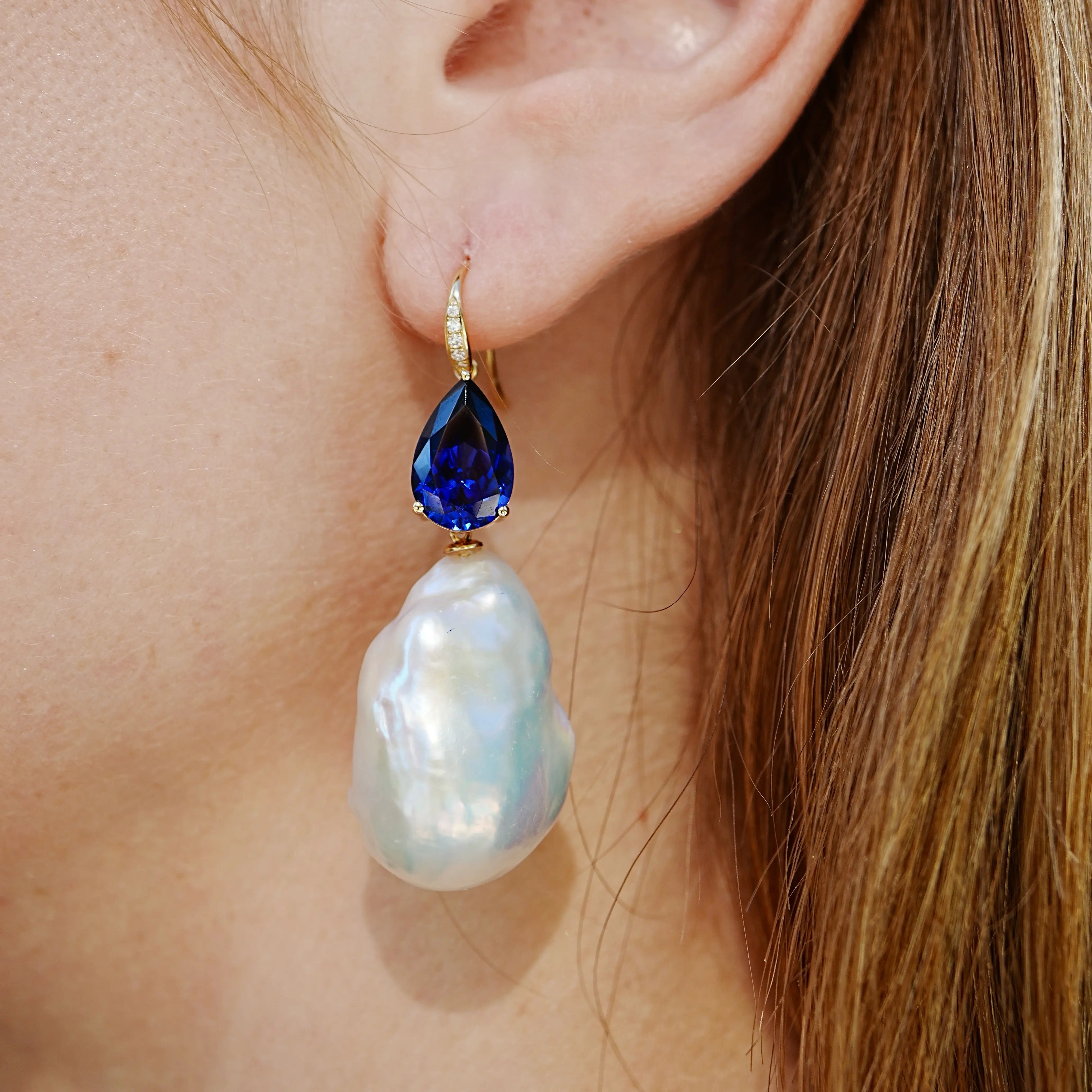 Radiant Pear 8.05ctw Lab-Grown Sapphrie & Diamond baroque pearl convertible Drop Earrings in 14k gold