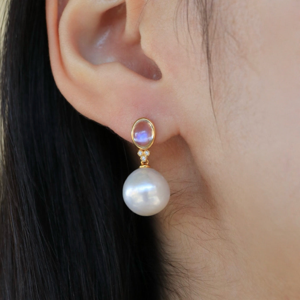 Ayla Oval Moonstone Diamond Pearl Convertible Drop Earrings