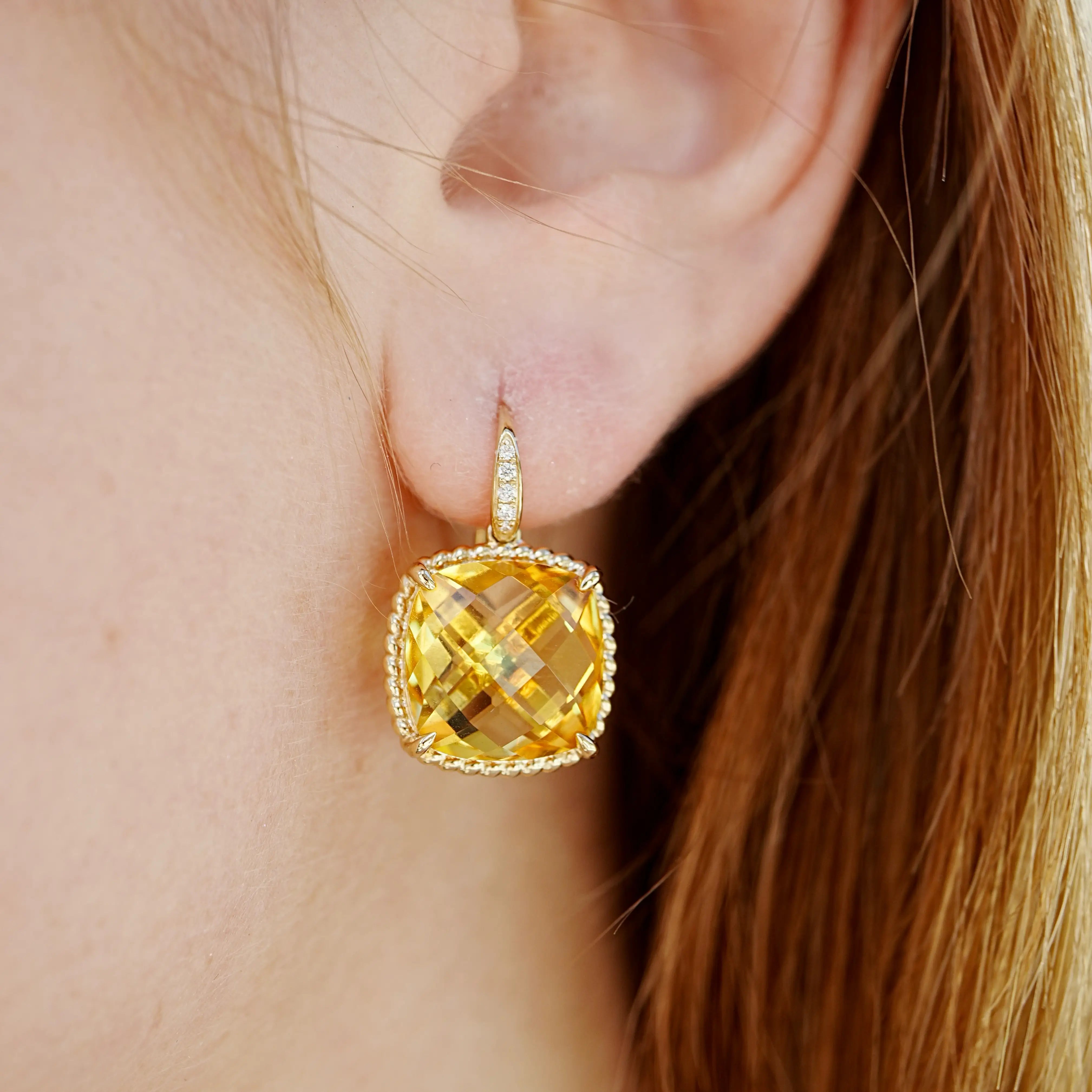 Reflection Cushion Natural 14.05ctw Citrine Diamond Drop Earrings in 14k yellow gold