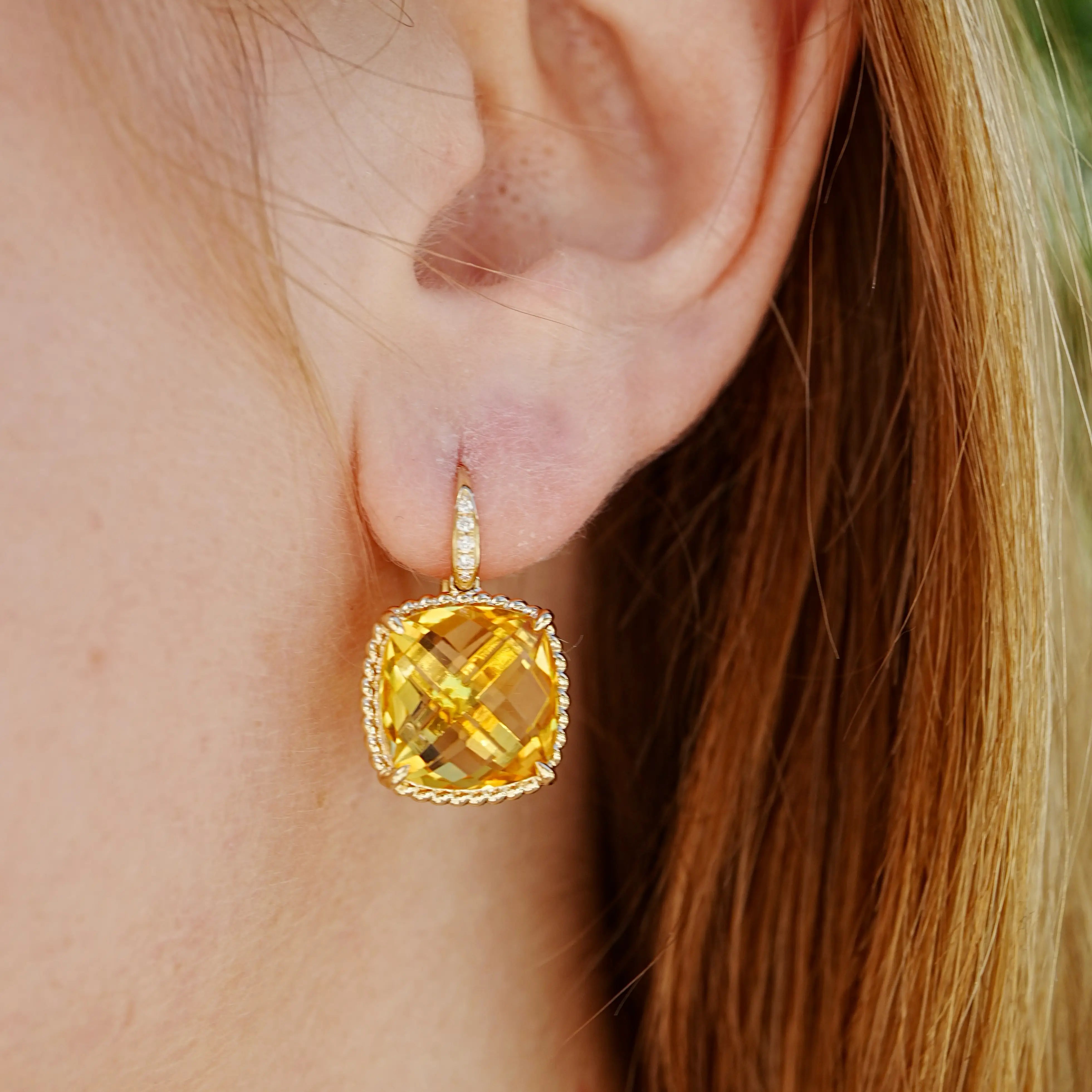 Reflection Cushion Natural 14.05ctw Citrine Diamond Drop Earrings in 14k yellow gold
