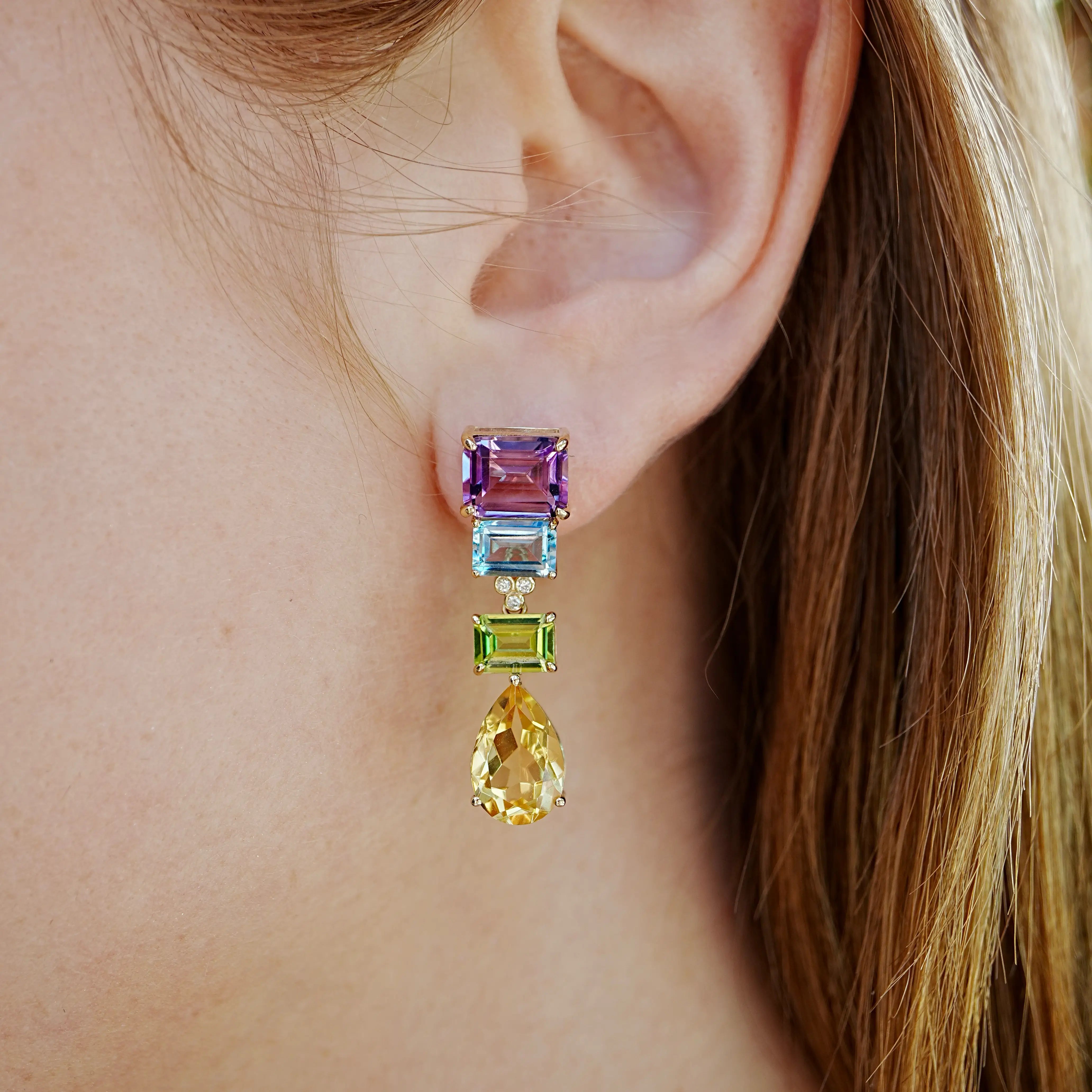 GemFusion Natural 14.45ctw Amethyst Topaz Peridot Citrine Diamond Convertible Drop Earrings in 14k yellow gold