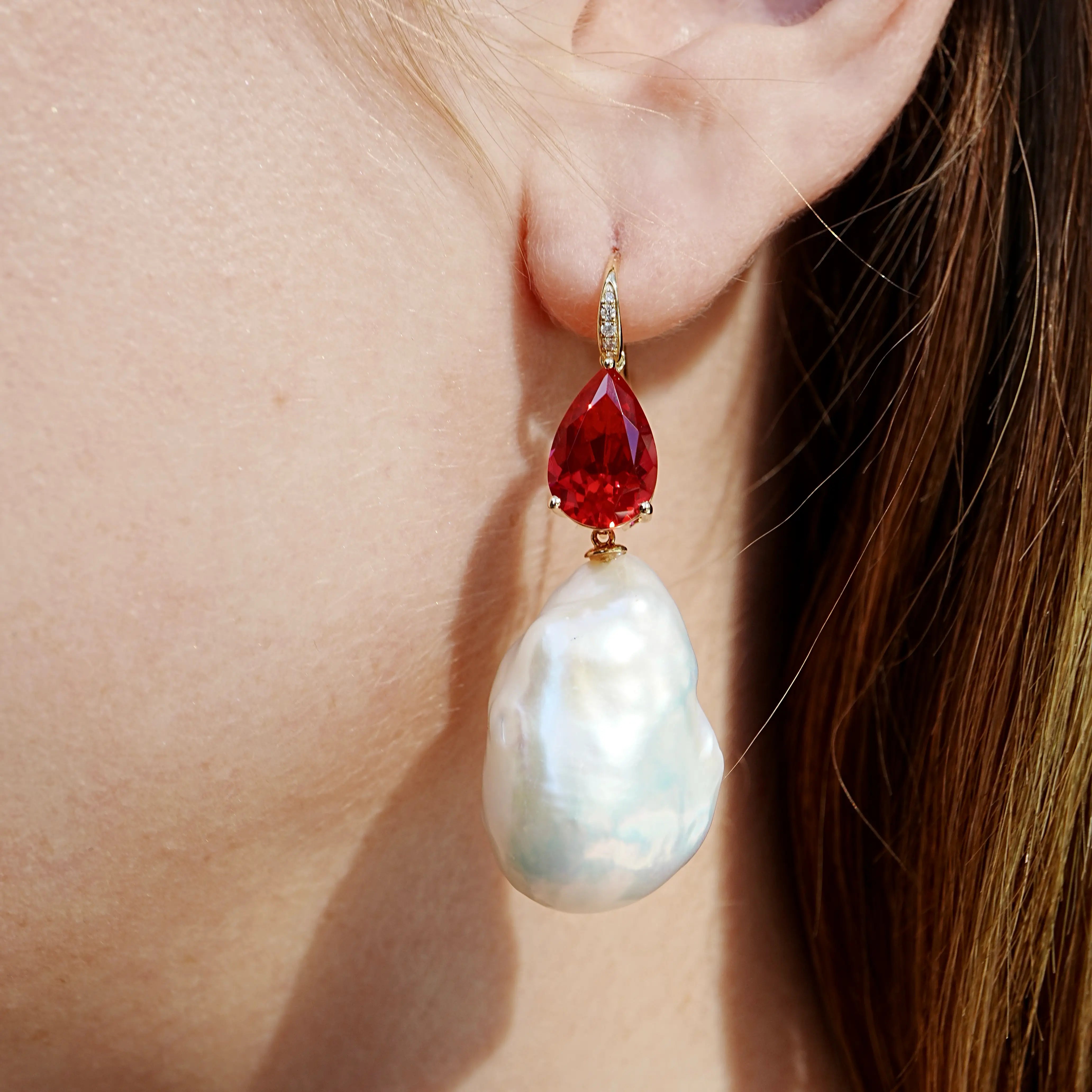 Radiant Pear 7.45ctw Lab-Grown Ruby Diamond Baroque Pearls Drop Earrings 14k gold