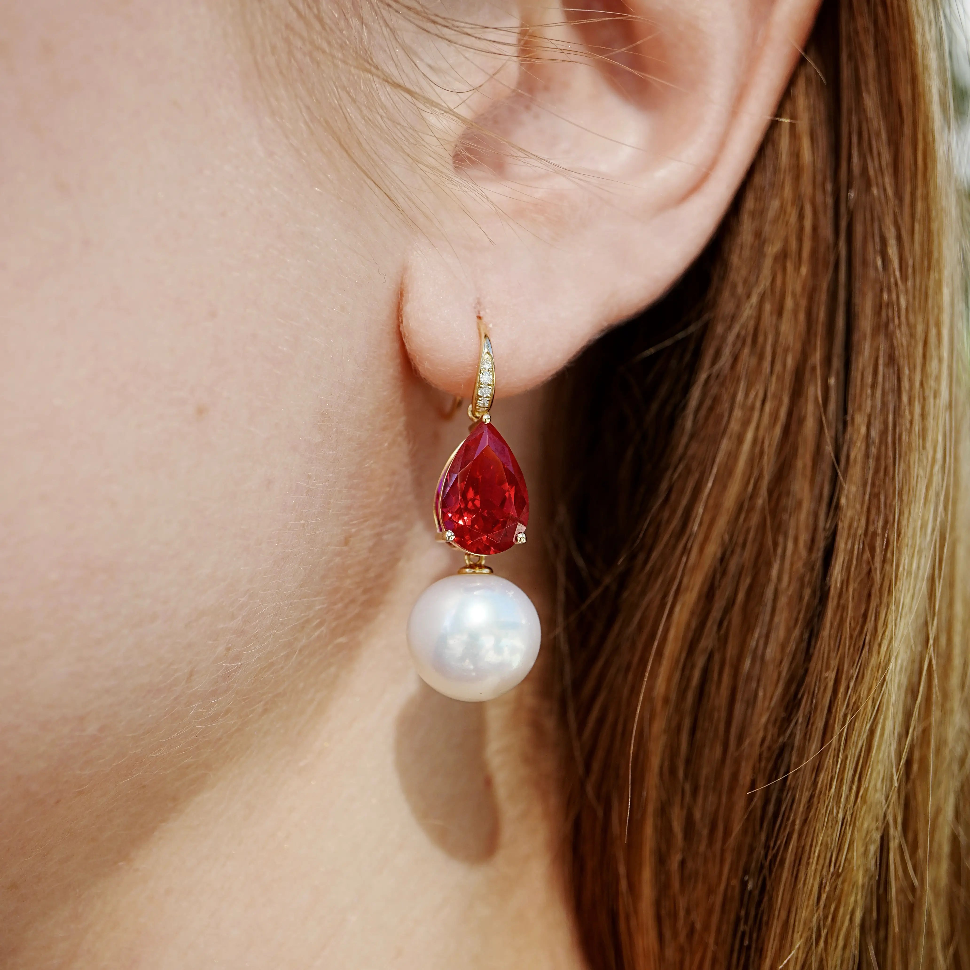 Radiant Pear 7.45ctw Lab-Grown Ruby Diamond Cultured Round Pearls Drop Earrings 14k gold