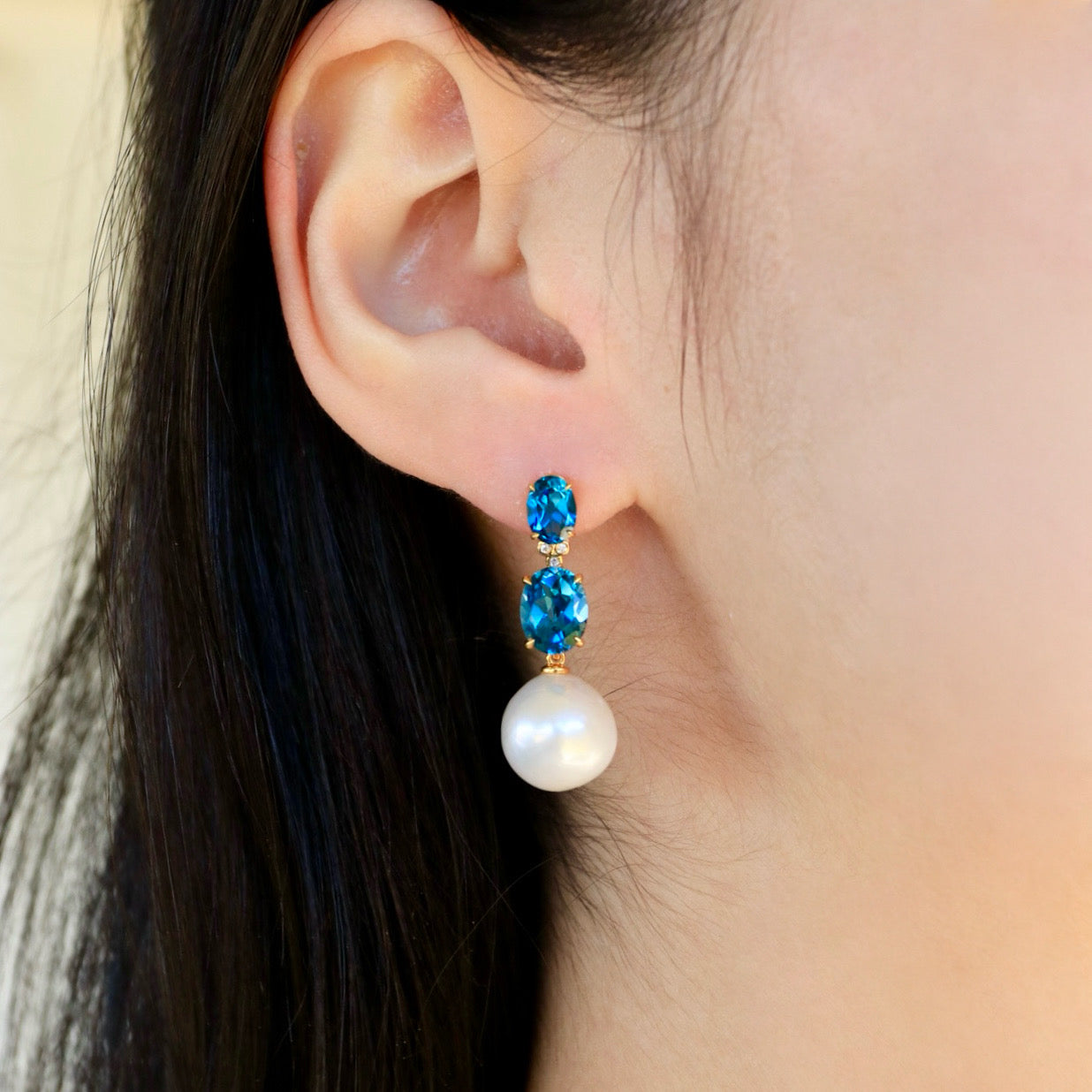 Divina Oval Topaz Diamond Pearl Convertible Drop Earrings