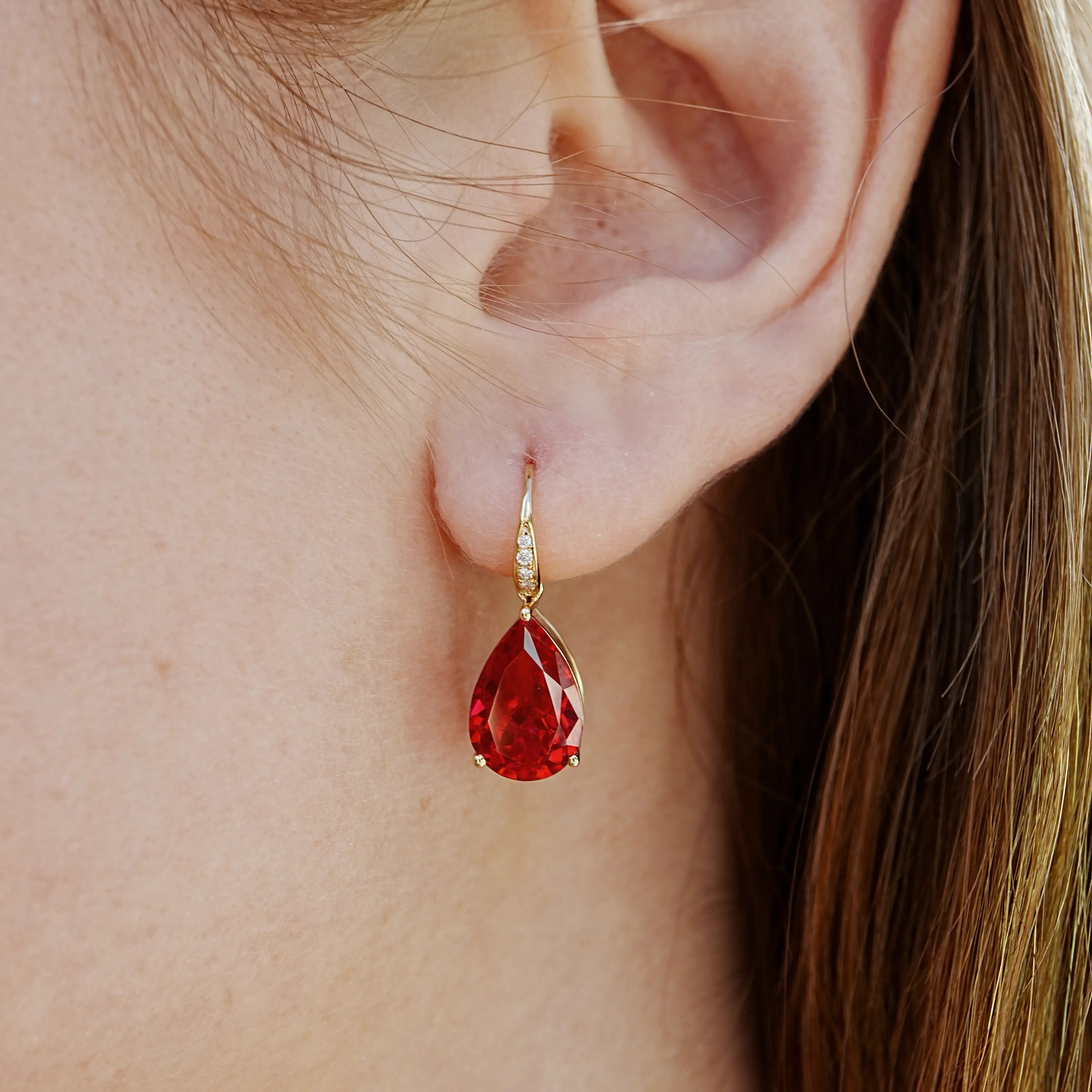 Radiant Pear 7.45ctw Lab-Grown Ruby Diamond Drop Earrings 14k gold