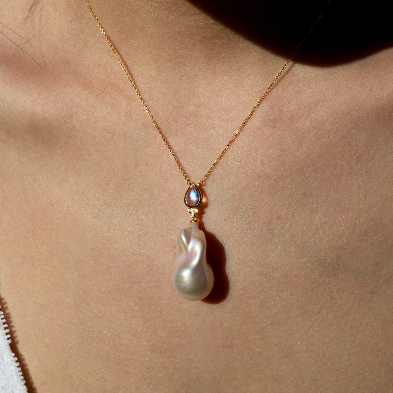 Ayla Pear-Shaped Moonstone Diamond Baroque Pearl Necklace