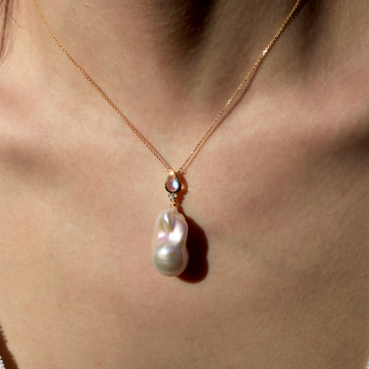 Ayla Pear-Shaped Moonstone Diamond Baroque Pearl Necklace