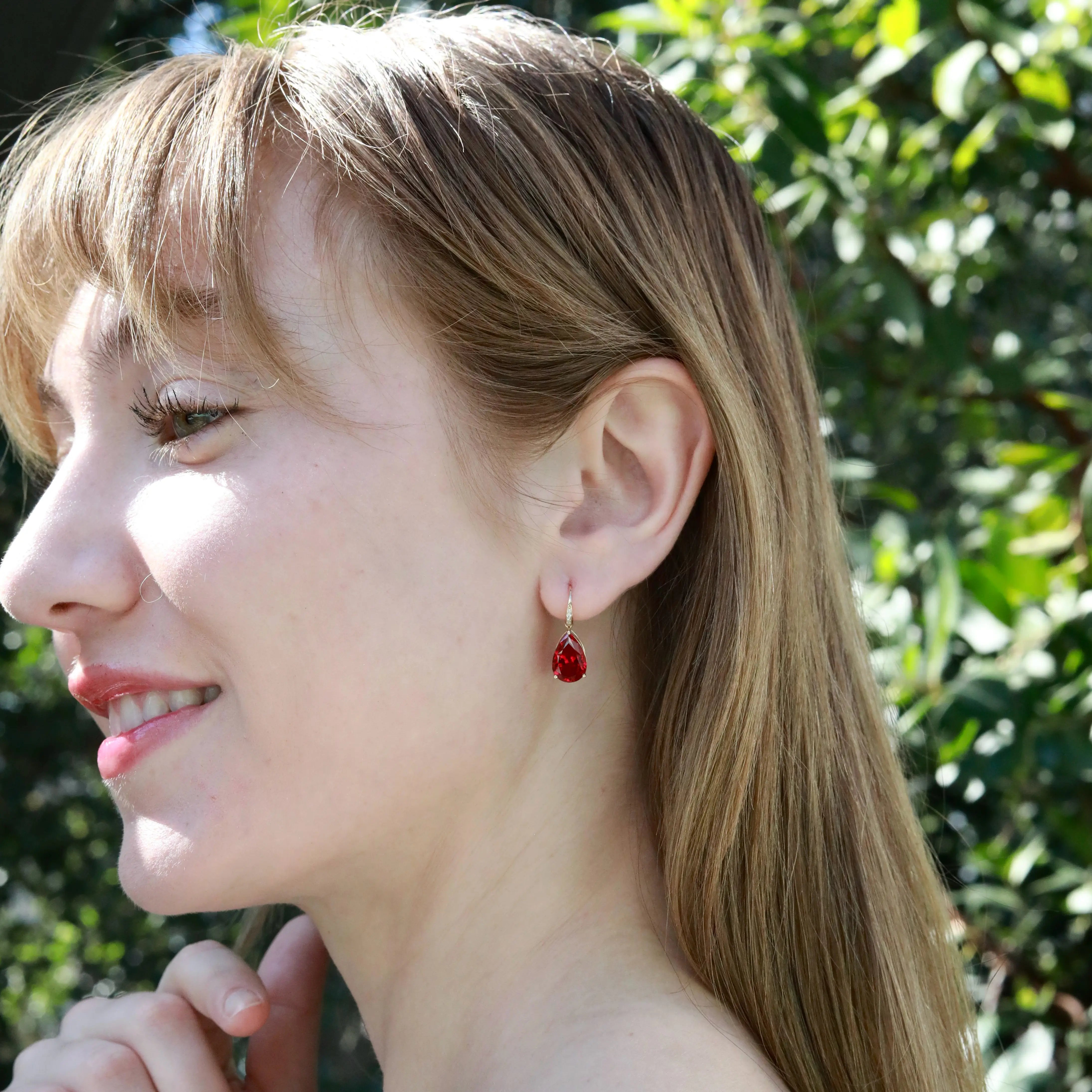 Radiant Pear 7.45ctw Lab-Grown Ruby Diamond Drop Earrings 14k gold