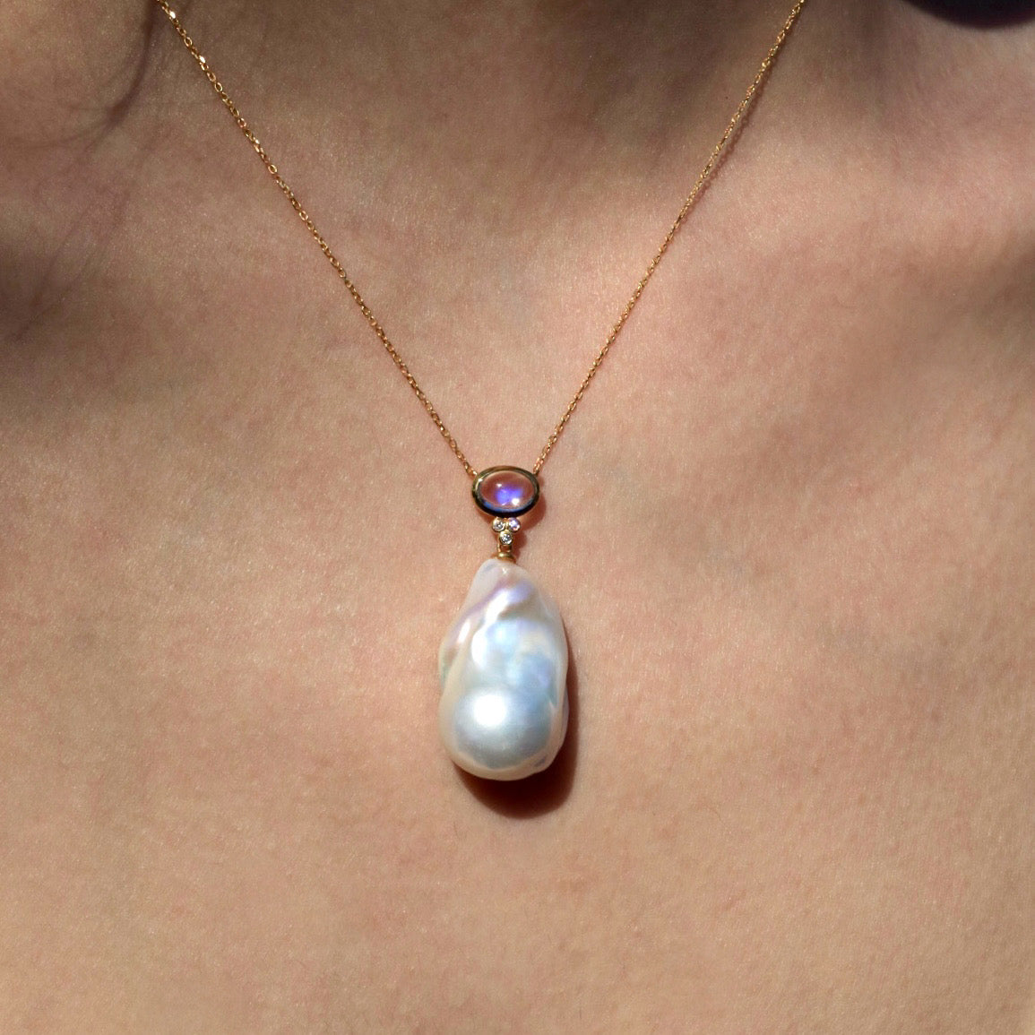 Ayla Oval Moonstone Diamond Baroque Pearl Necklace