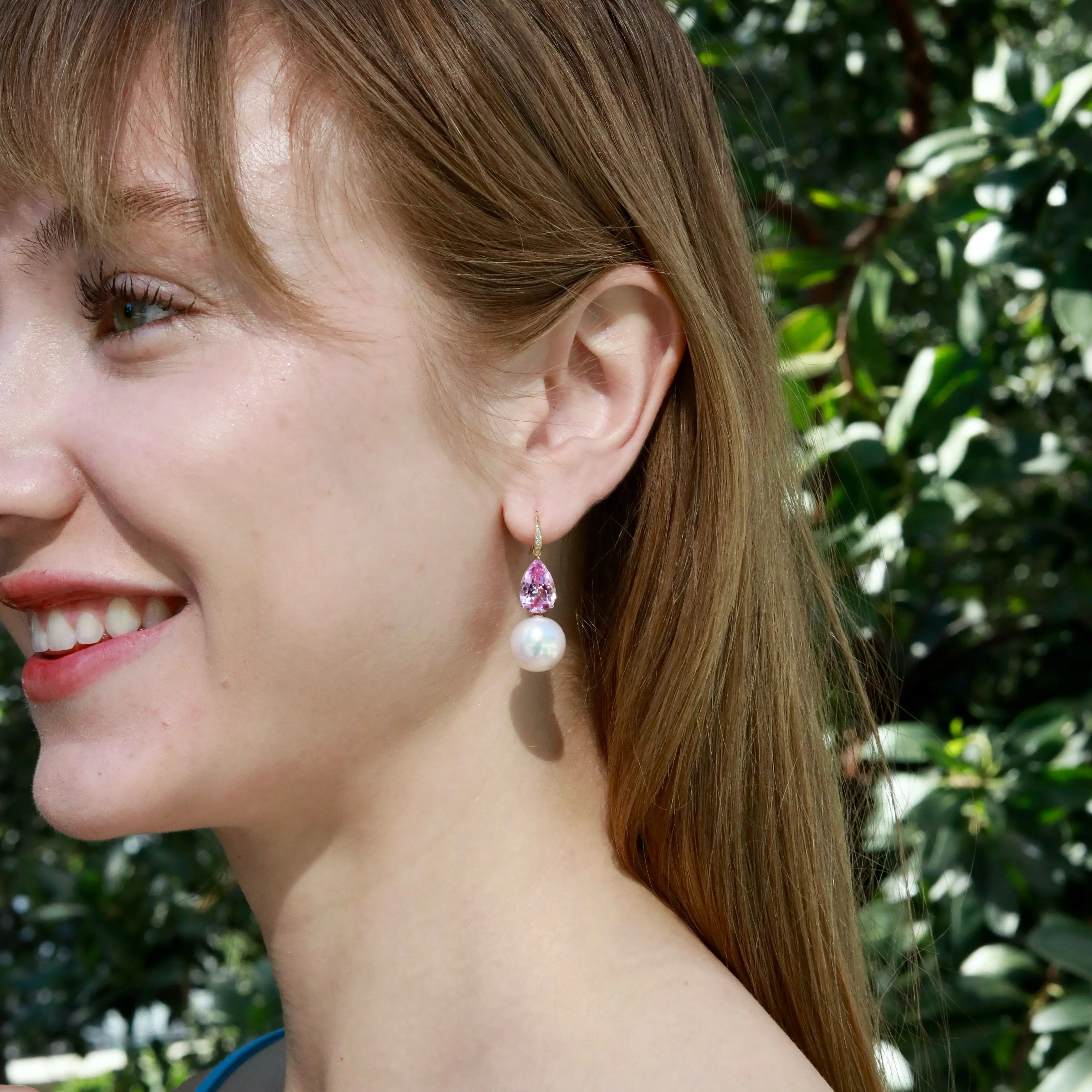 Radiant Pear 8.05ctw Lab-Grown Pink Sapphire & Diamond with Freshwater Pearls Drop Earrings 14k solid gold