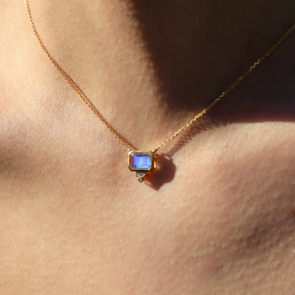 Ayla Emerald-Cut Moonstone Diamond Pearl Necklace