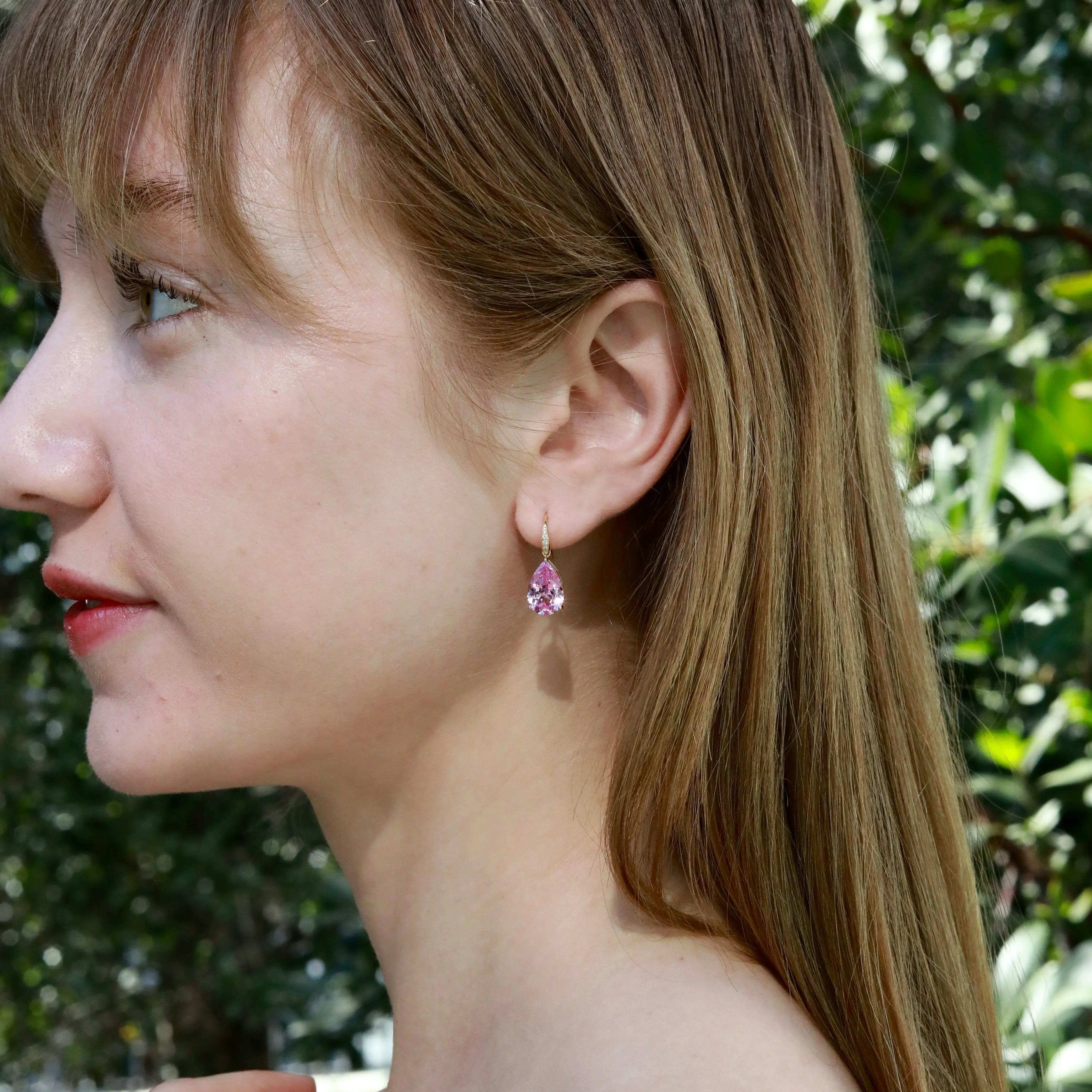 Radiant Pear 8.05ctw Lab-Grown Pink Sapphire & Diamond Drop Earrings 14k solid gold