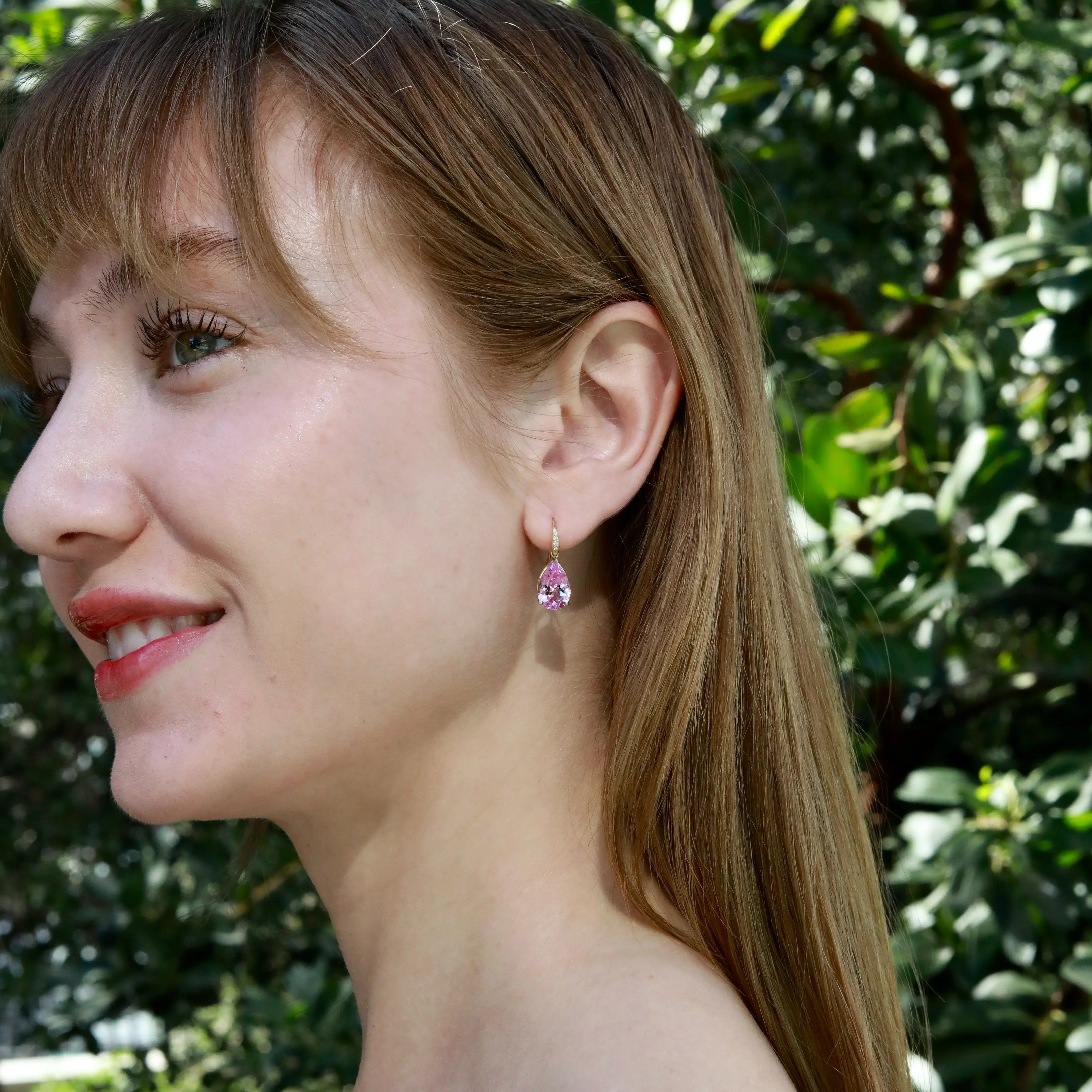 Radiant Pear 8.05ctw Lab-Grown Pink Sapphire & Diamond Drop Earrings 14k solid gold