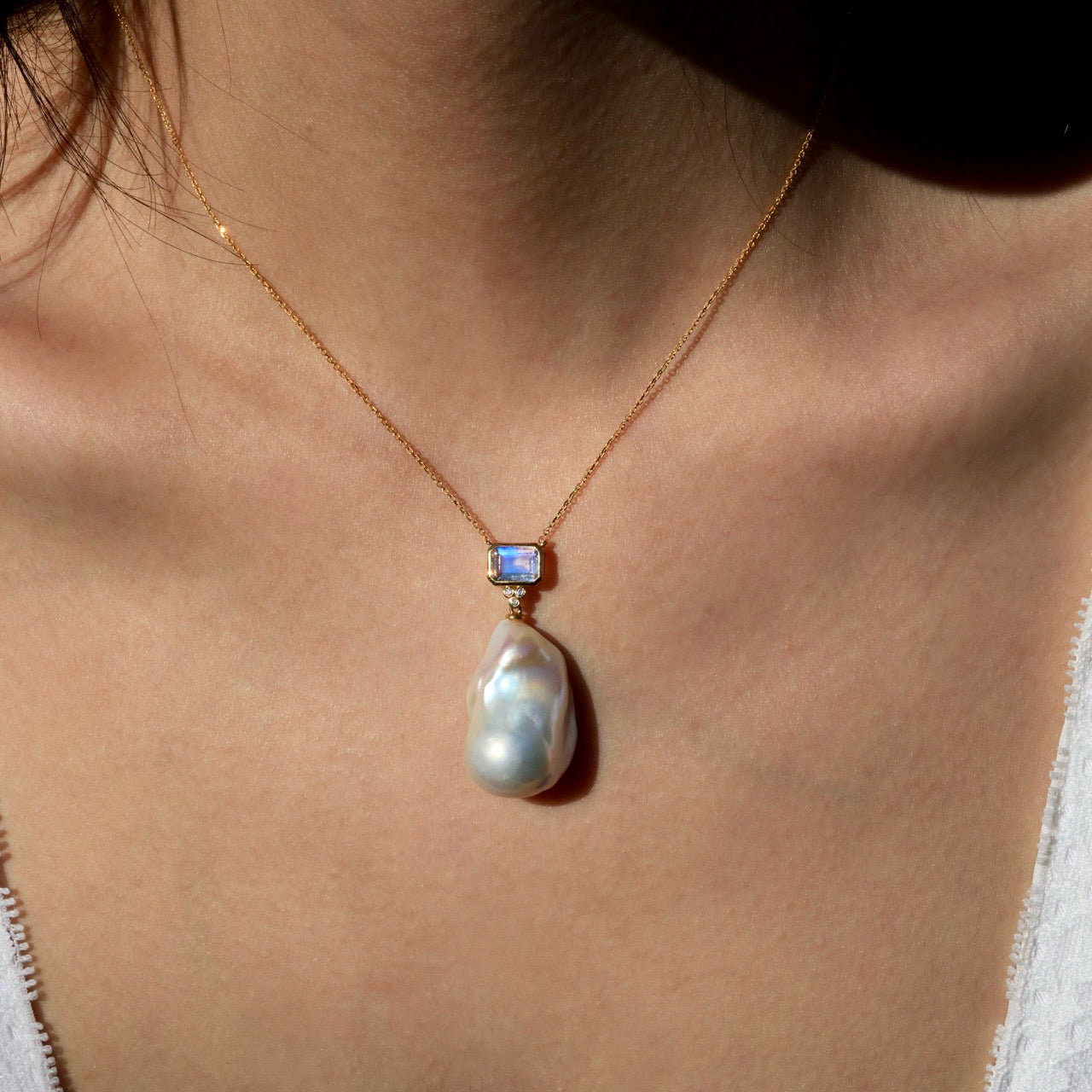 Ayla Emerald-Cut Moonstone Diamond Baroque Pearl Necklace