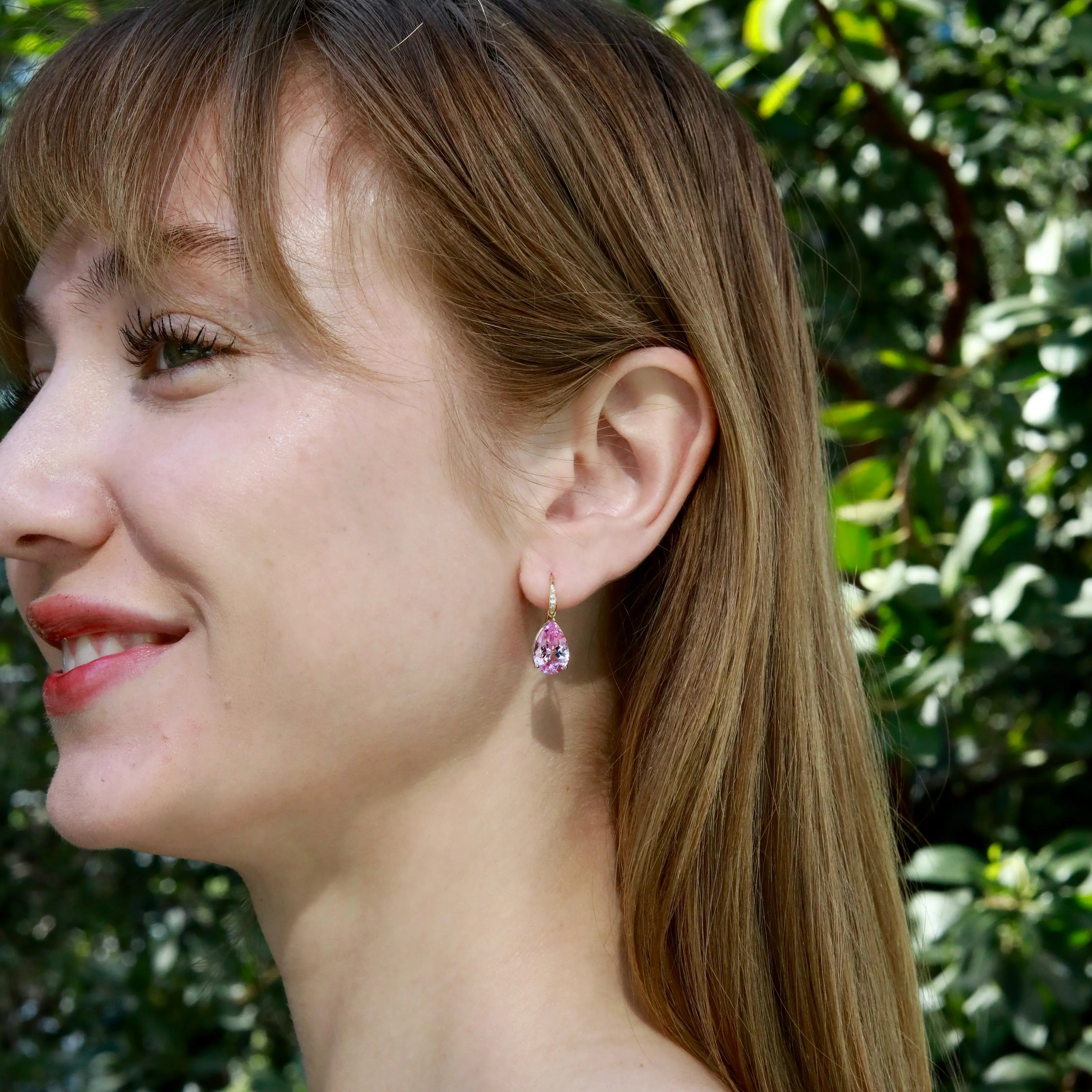 Radiant Pear 8.05ctw Lab-Grown Pink Sapphire & Diamond Drop Earrings 14k solid gold