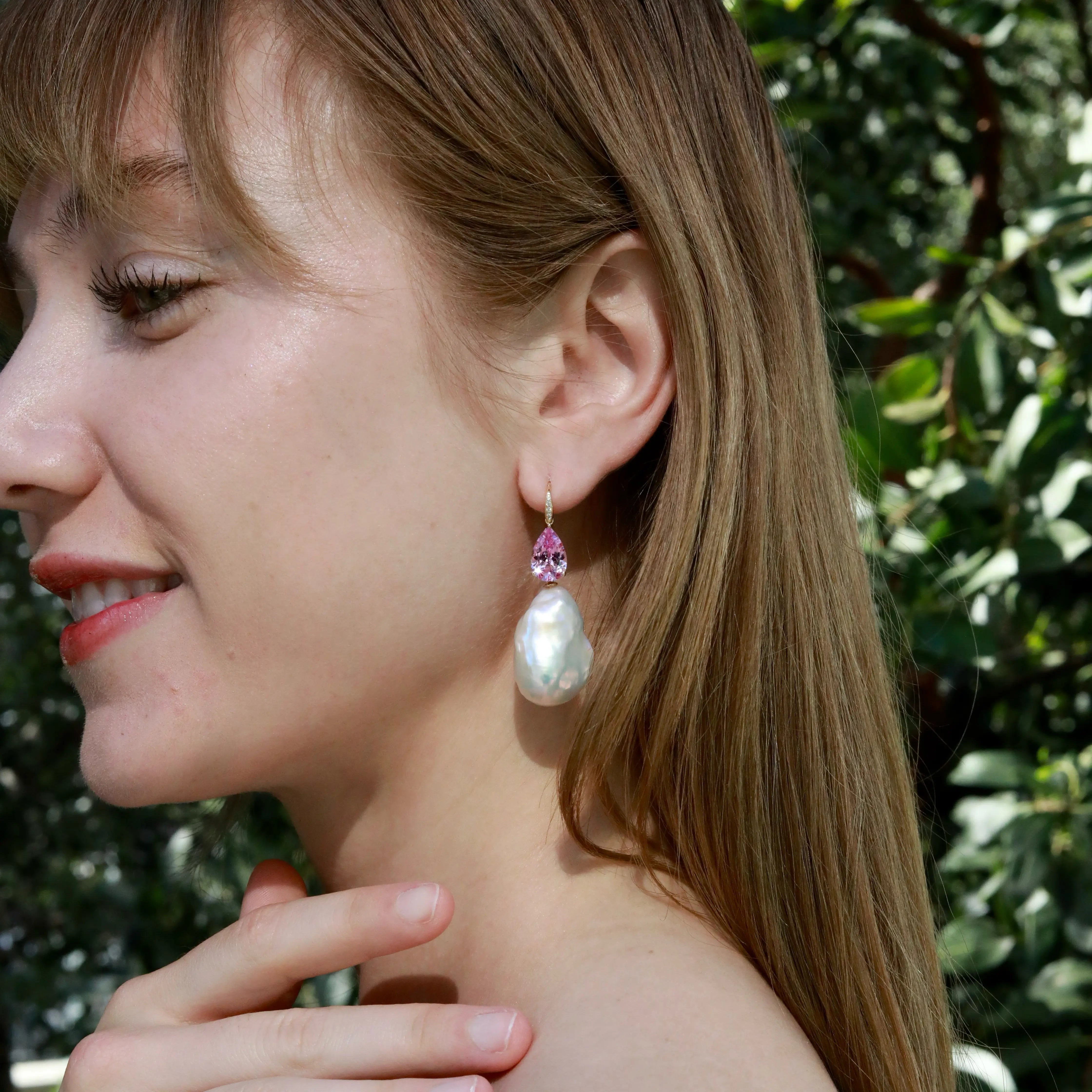 Radiant Pear 8.05ctw Lab-Grown Pink Sapphire & Diamond Baroque Pearls Drop Earrings 14k solid gold