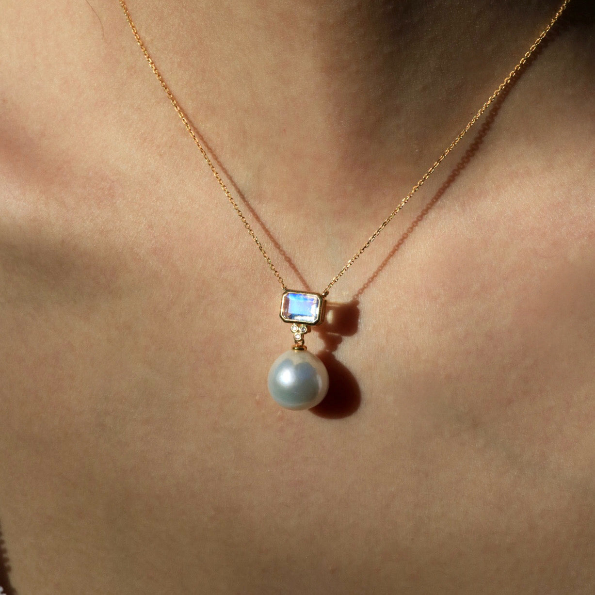 Ayla Emerald-Cut Moonstone Diamond Pearl Necklace