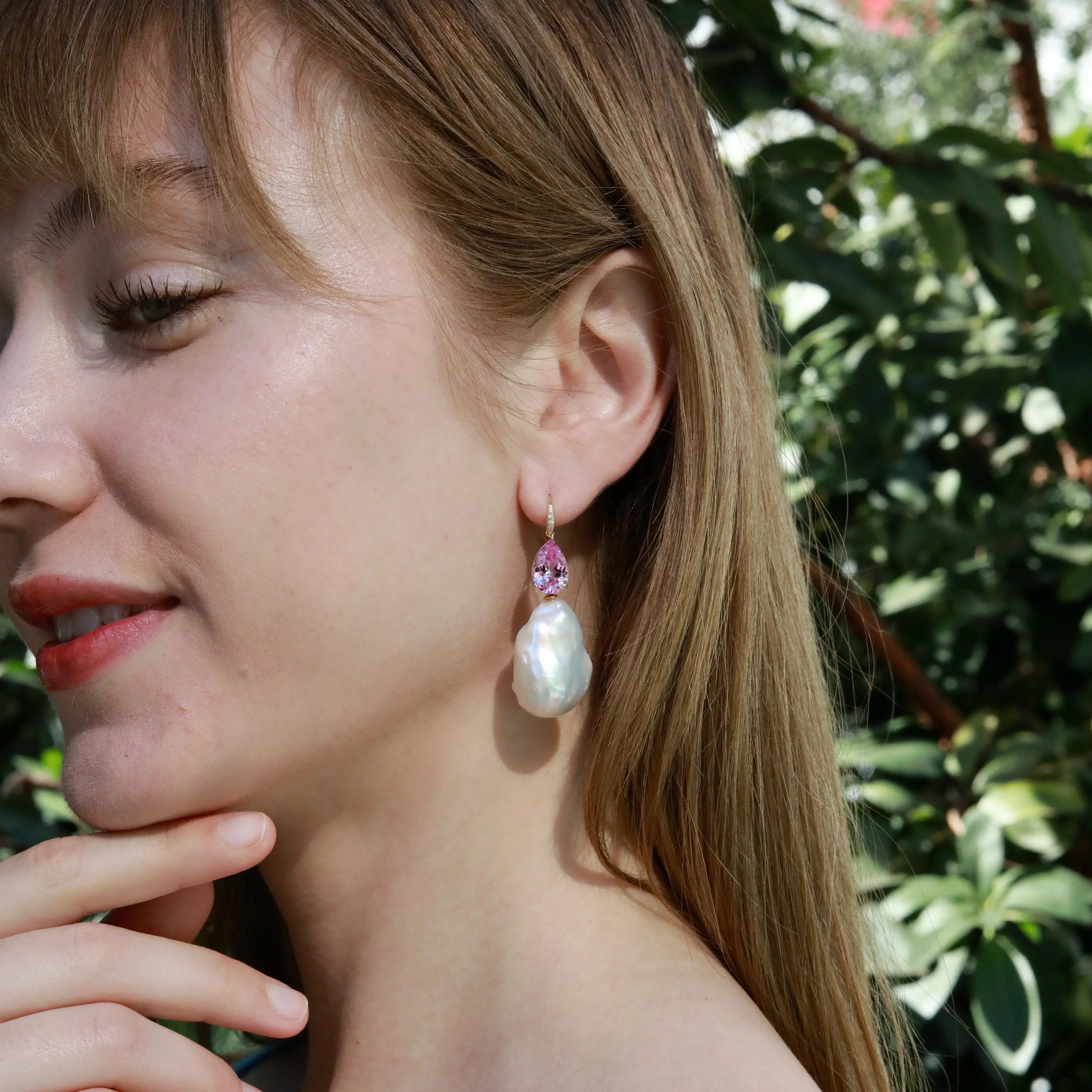 Radiant Pear 8.05ctw Lab-Grown Pink Sapphire & Diamond Baroque Pearls Drop Earrings 14k solid gold