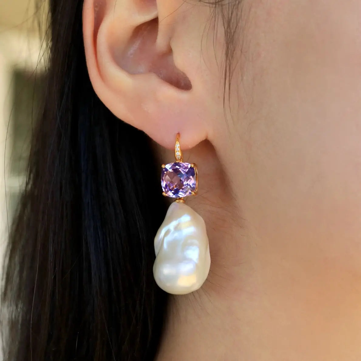 Radiant Cushion Amethyst Diamond Baroque Pearl Convertible Drop Earrings