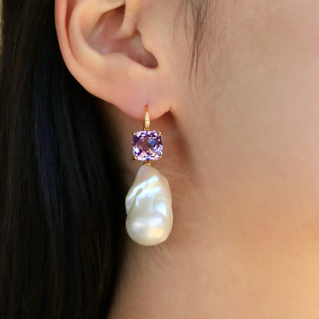 Radiant Cushion Amethyst Diamond Baroque Pearl Convertible Drop Earrings